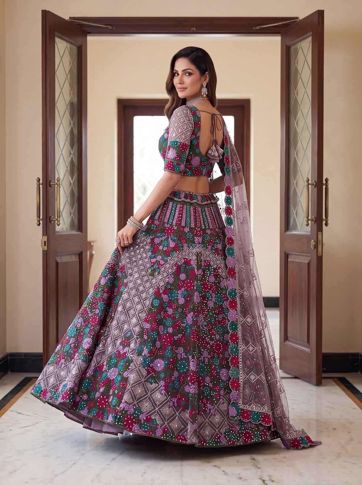 Purple Pure Heavy Net Monochrome Sequins Zari Embroidery Work Net Bridal Lehenga Choli