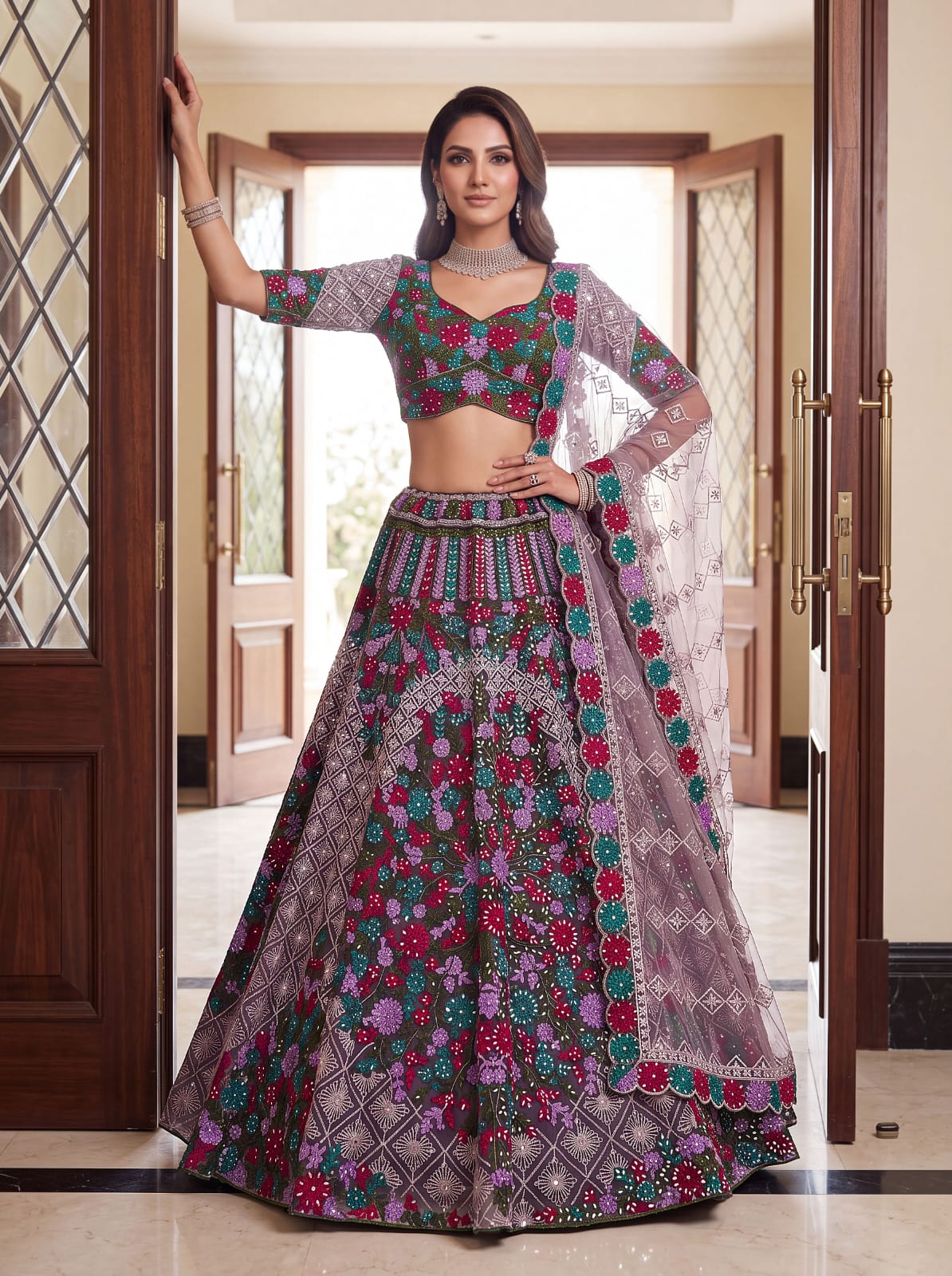 Purple Pure Heavy Net Monochrome Sequins Zari Embroidery Work Net Bridal Lehenga Choli