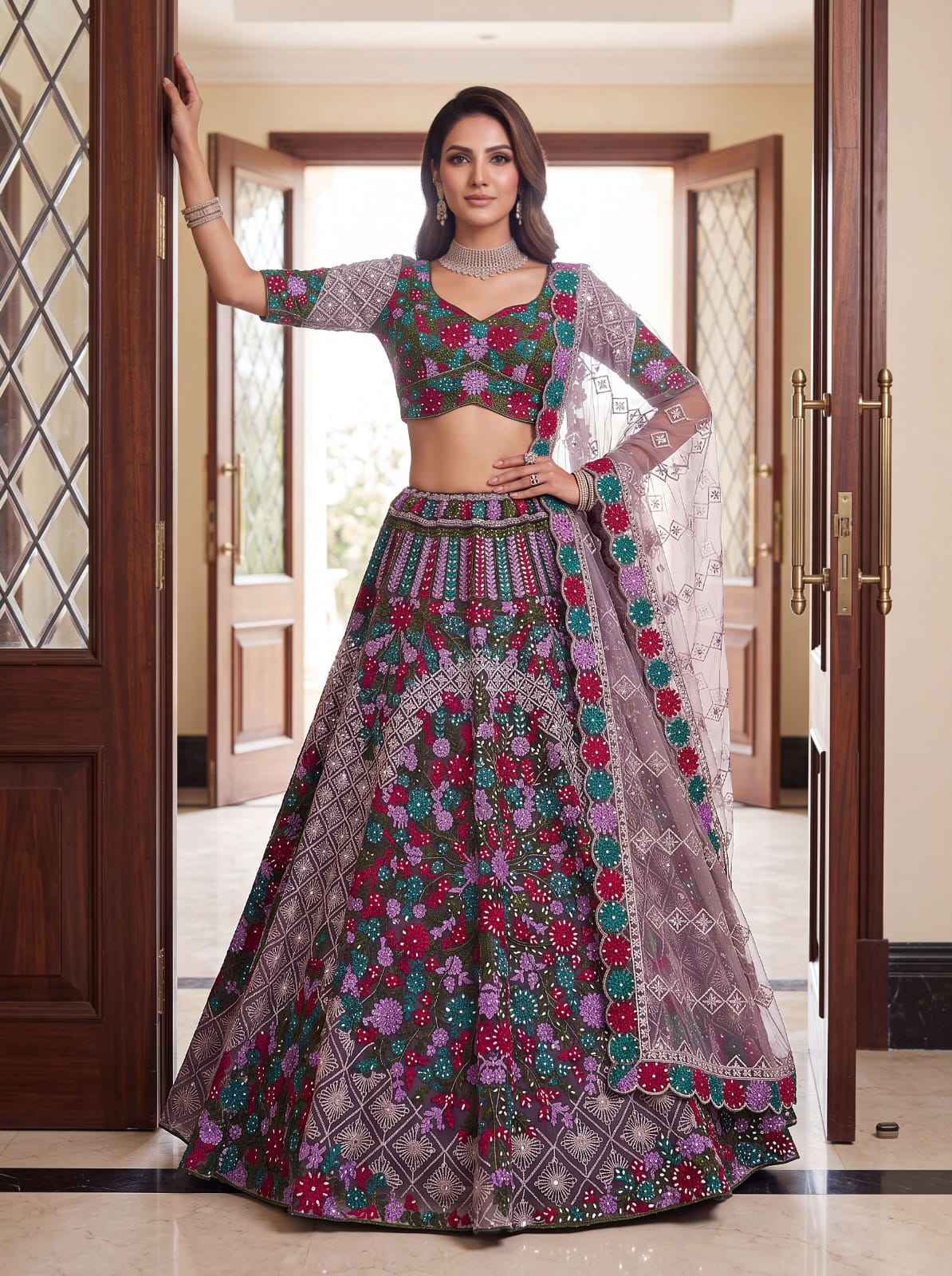 Purple Pure Heavy Net Monochrome Sequins Zari Embroidery Work Net Bridal Lehenga Choli