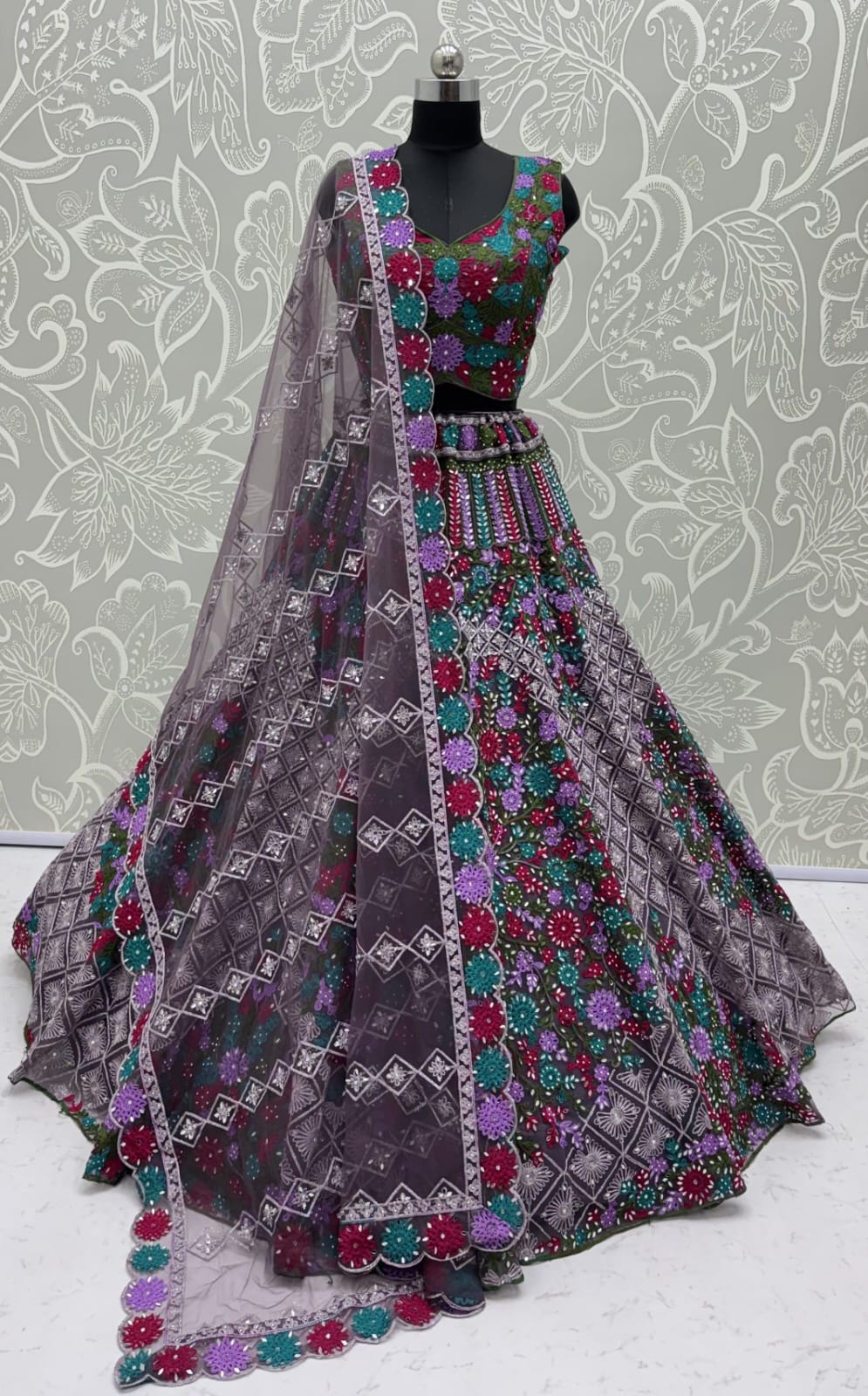 Purple Pure Heavy Net Monochrome Sequins Zari Embroidery Work Net Bridal Lehenga Choli