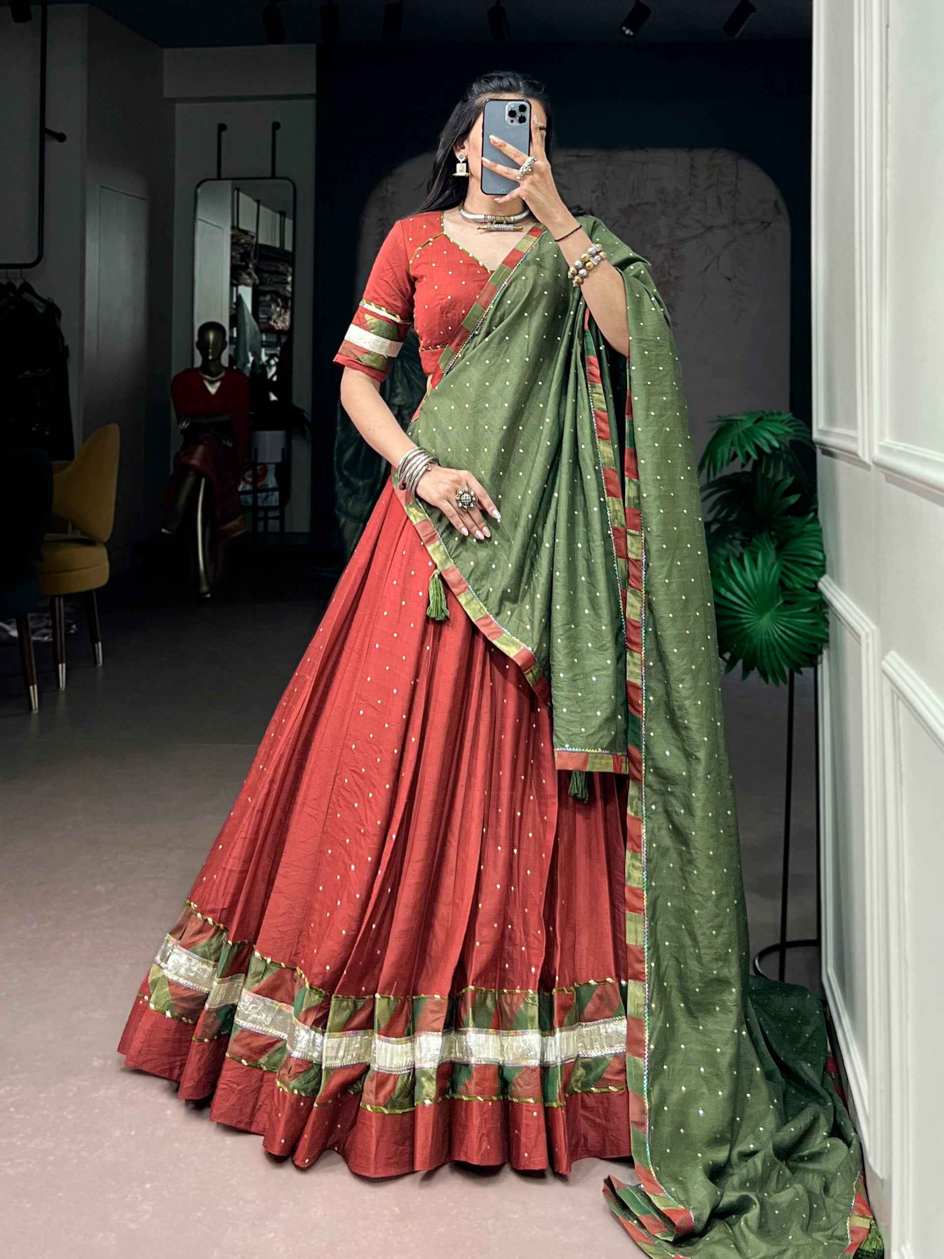 Rust Pure Faux Chanderi Traditional Multi Prints kali Navratri Lehenga Choli