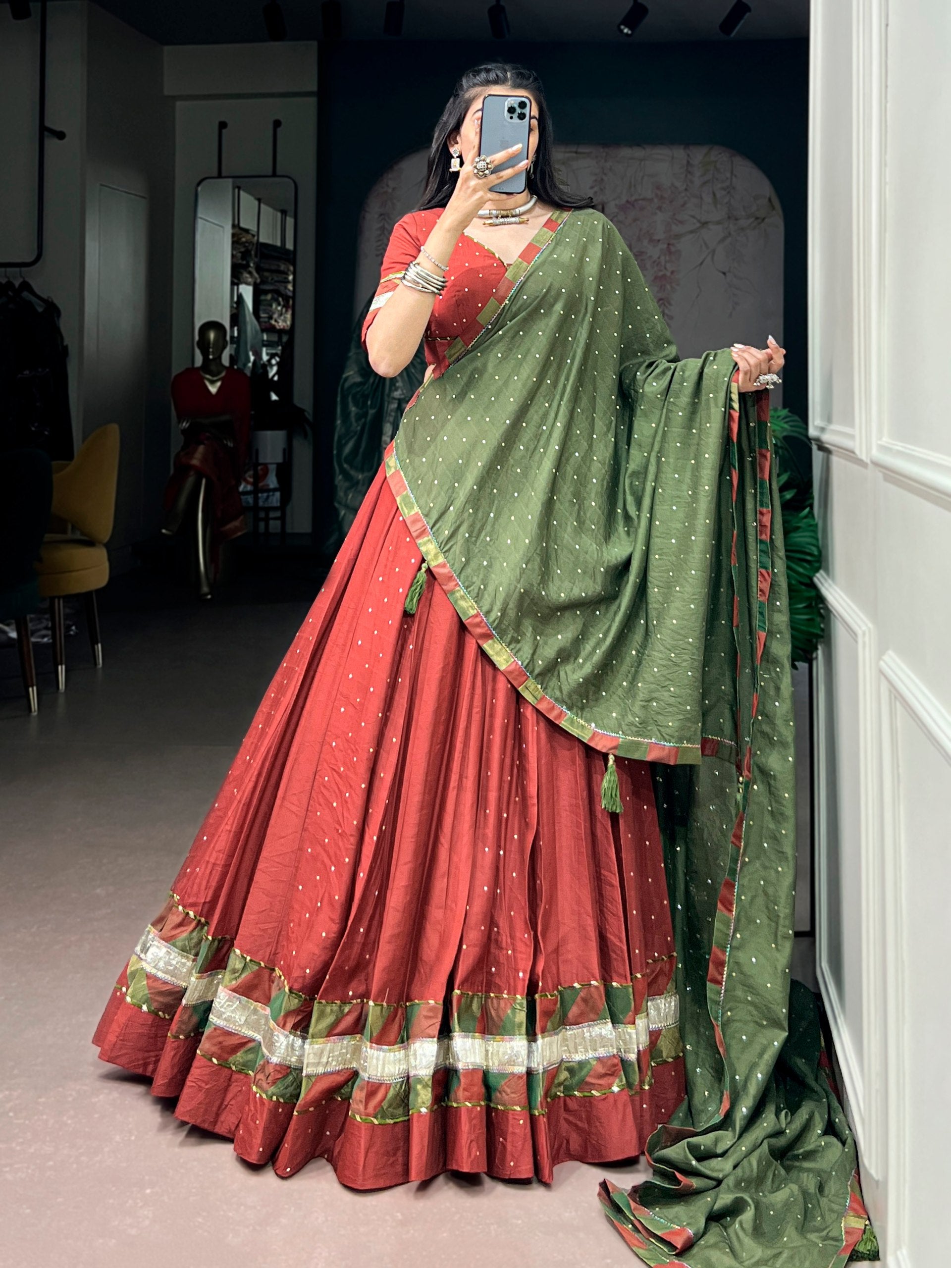 Rust Pure Faux Chanderi Traditional Multi Prints kali Navratri Lehenga Choli