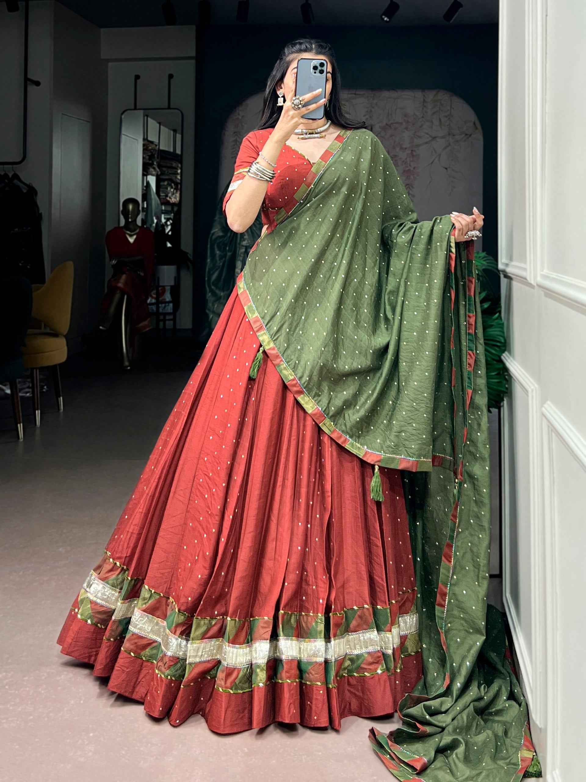 Rust Pure Faux Chanderi Traditional Multi Prints kali Navratri Lehenga Choli