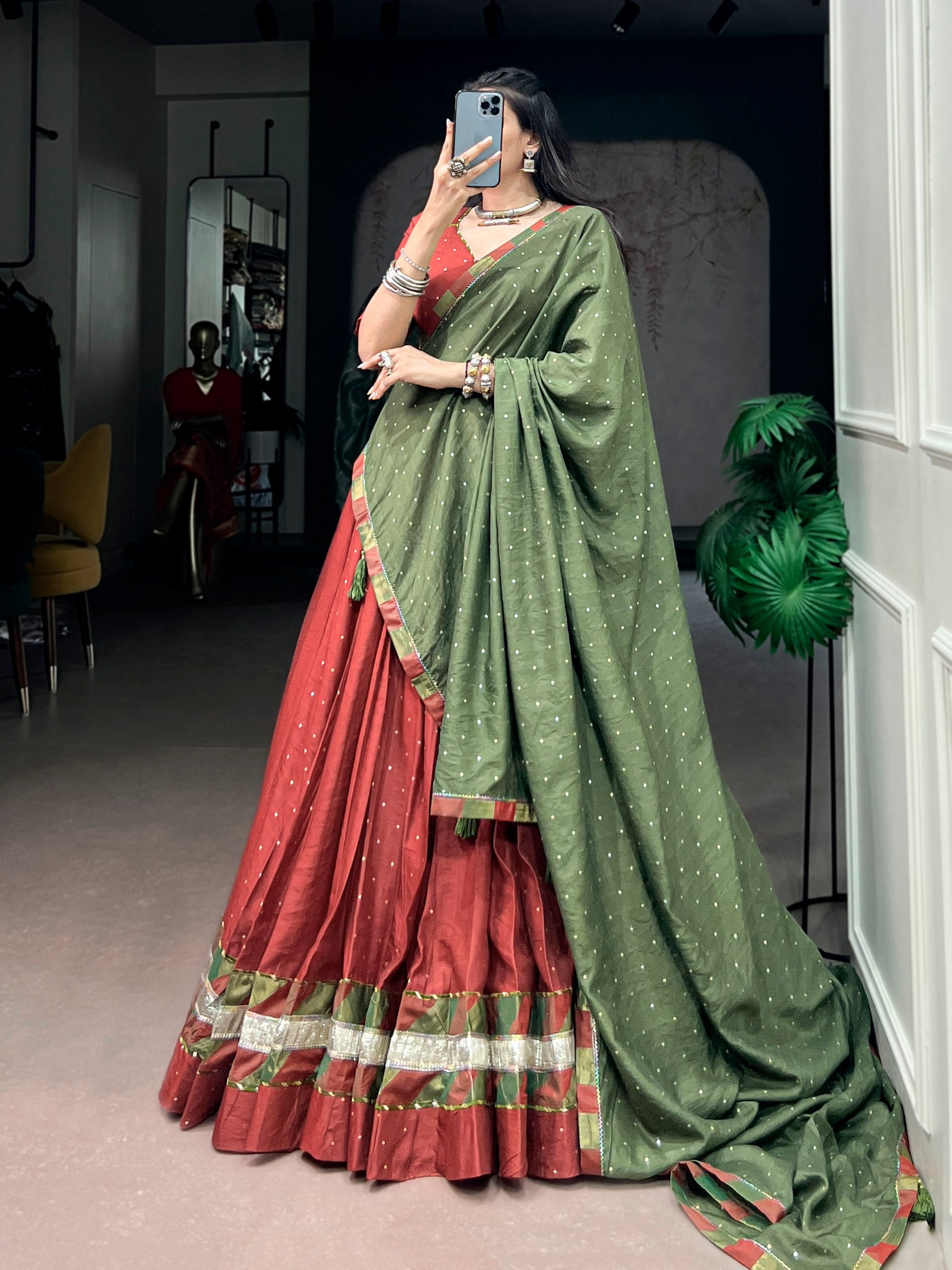 Rust Pure Faux Chanderi Traditional Multi Prints kali Navratri Lehenga Choli