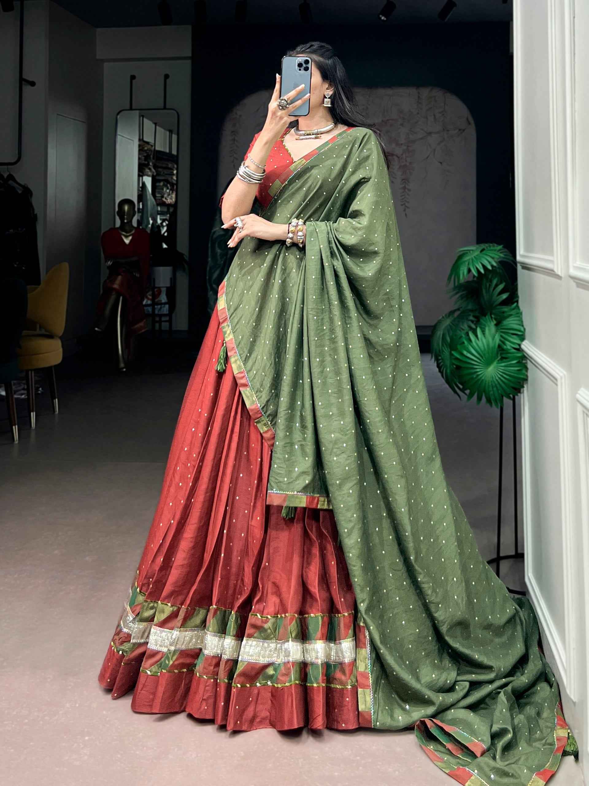 Rust Pure Faux Chanderi Traditional Multi Prints kali Navratri Lehenga Choli