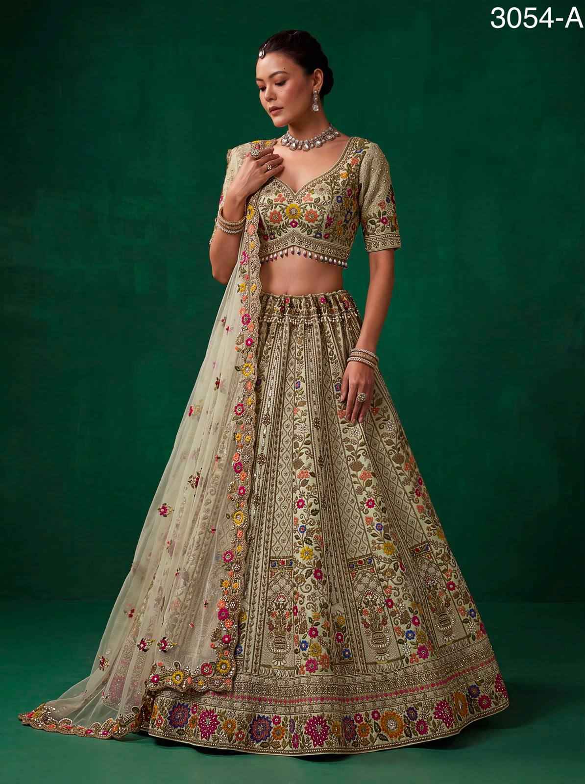 Pista Pure Gadhwal Silk Thread Embroidery Crystal & Pearl Hand Sequins Bridal Lehenga Choli