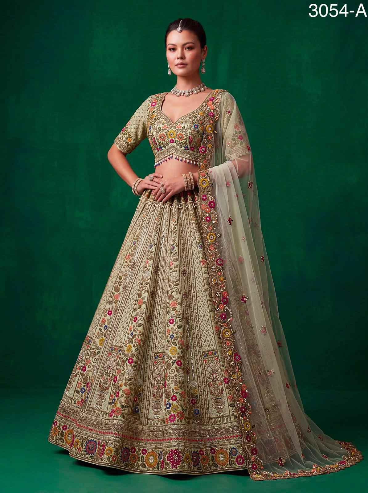 Pista Pure Gadhwal Silk Thread Embroidery Crystal & Pearl Hand Sequins Bridal Lehenga Choli