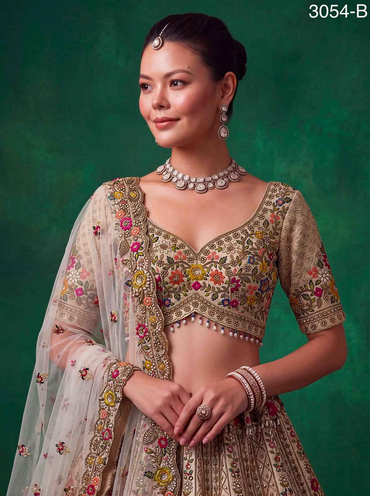 Off White Pure Gadhwal Silk Thread Embroidery Crystal & Pearl Hand Sequins Bridal Lehenga Choli