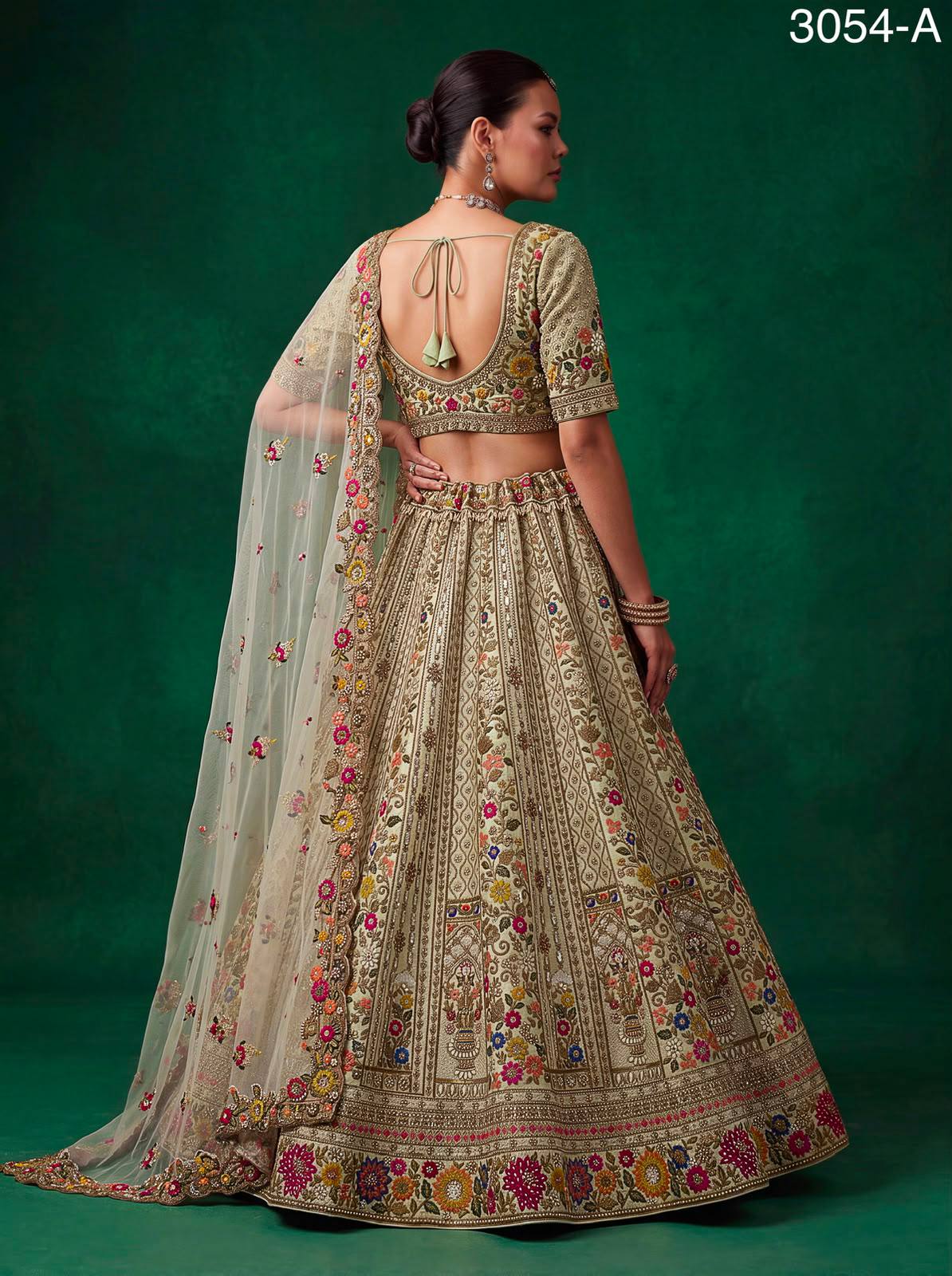 Pista Pure Gadhwal Silk Thread Embroidery Crystal & Pearl Hand Sequins Bridal Lehenga Choli