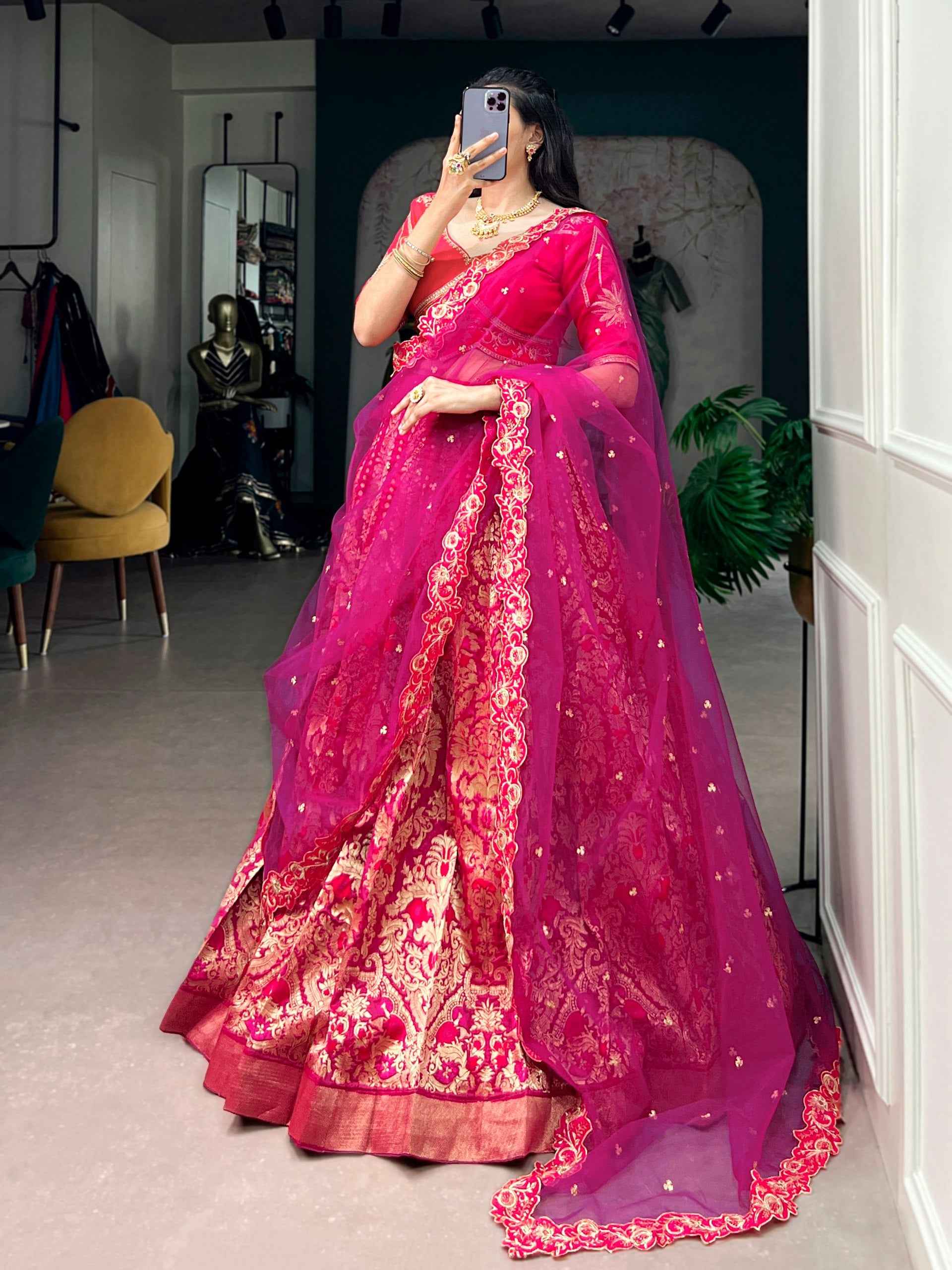 Pink Pure Soft Jacquard Silk Zari Woven Zari Lehenga Choli