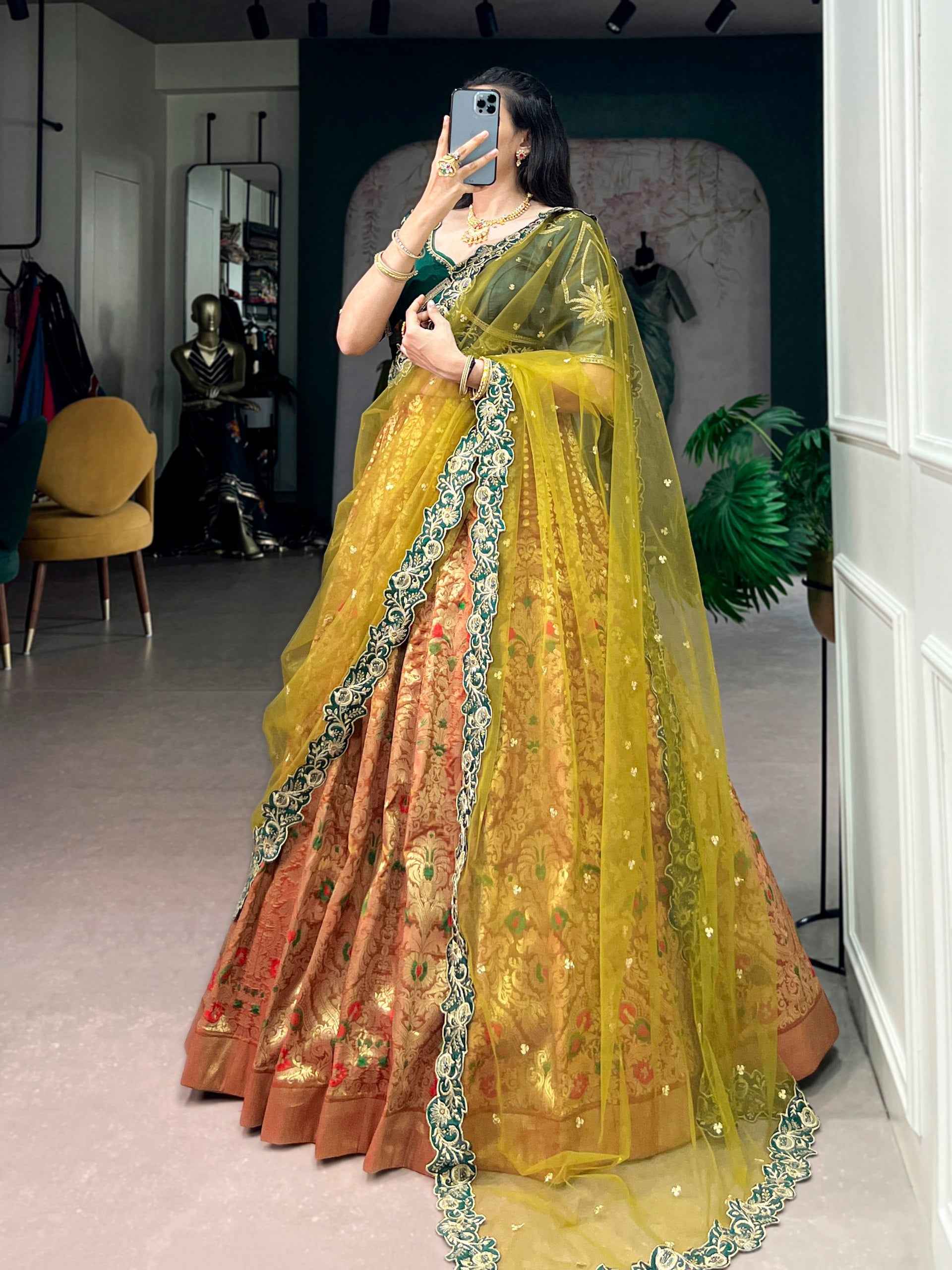 Green Pure Soft Jacquard Silk Zari Woven Zari Lehenga Choli