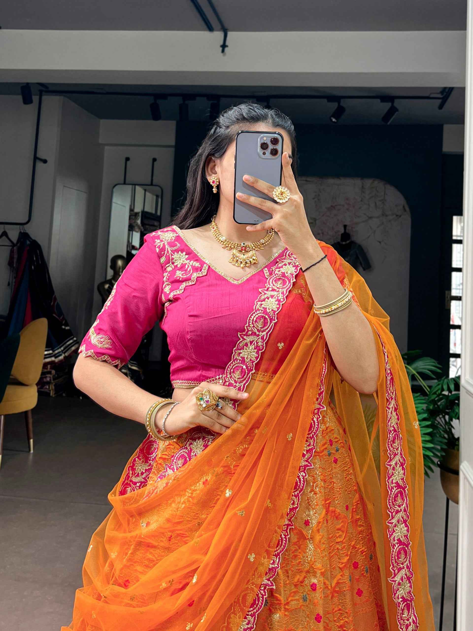 Orange Pure Soft Jacquard Silk Zari Woven Zari Lehenga Choli
