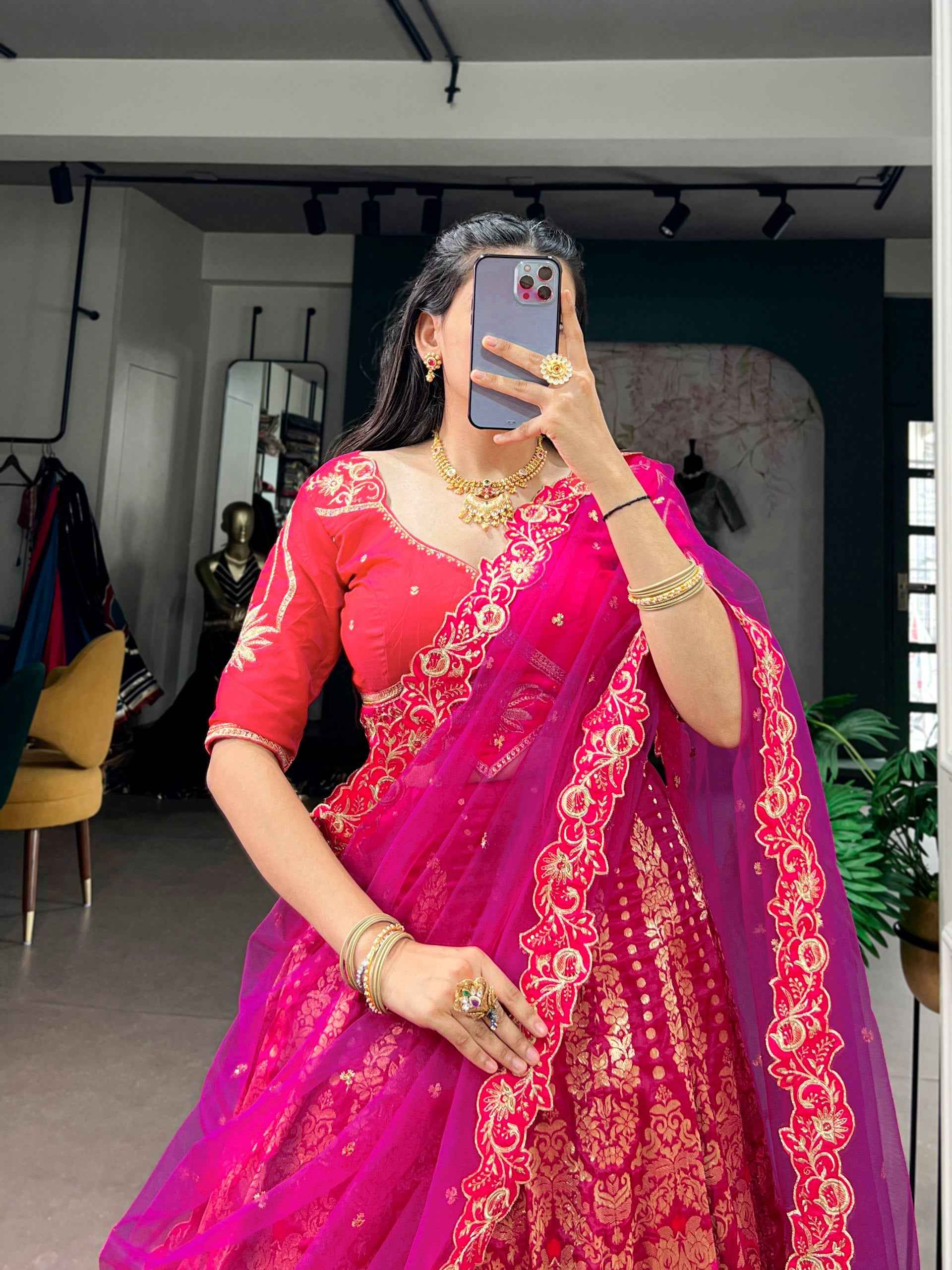 Pink Pure Soft Jacquard Silk Zari Woven Zari Lehenga Choli