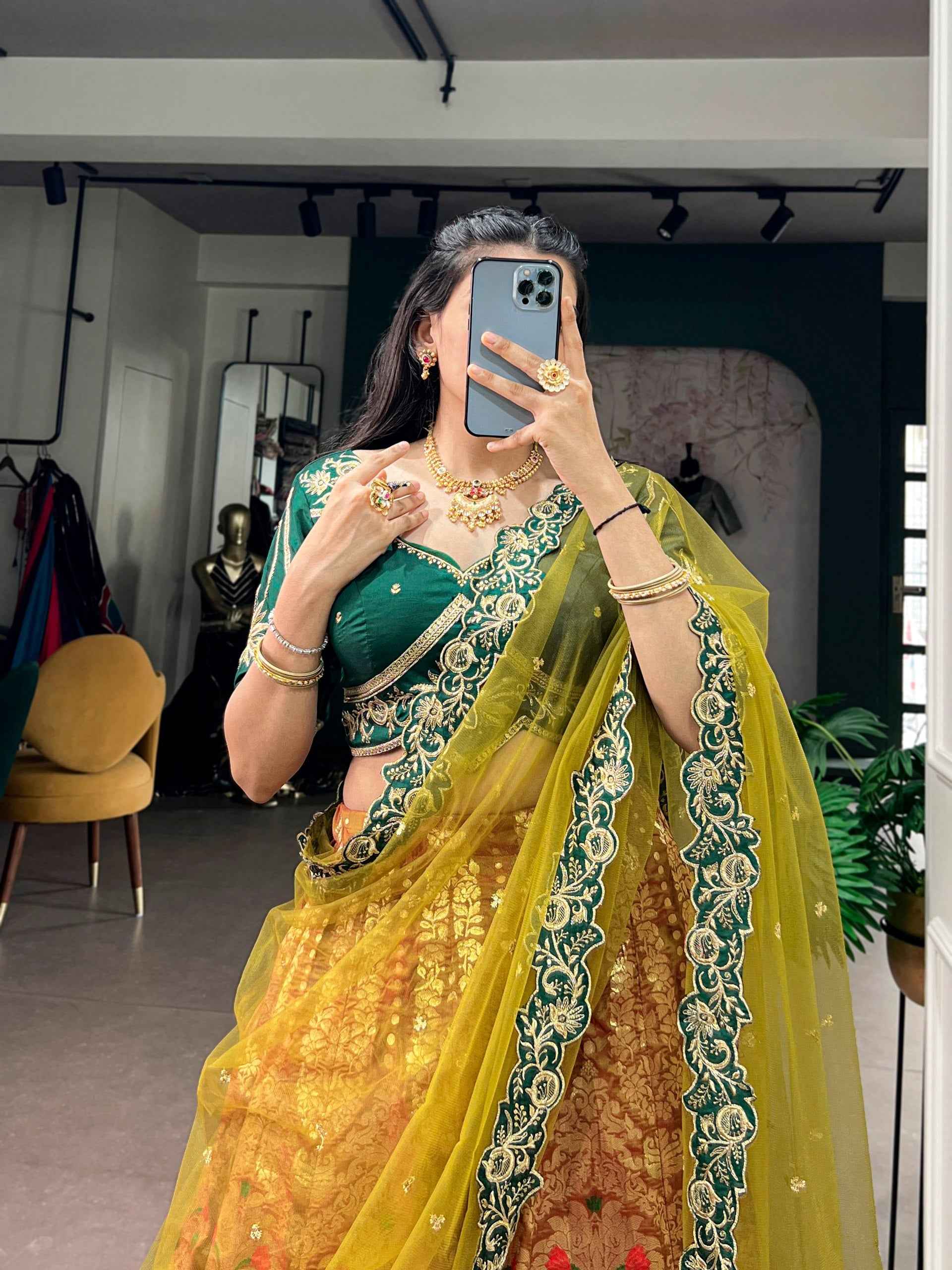 Green Pure Soft Jacquard Silk Zari Woven Zari Lehenga Choli