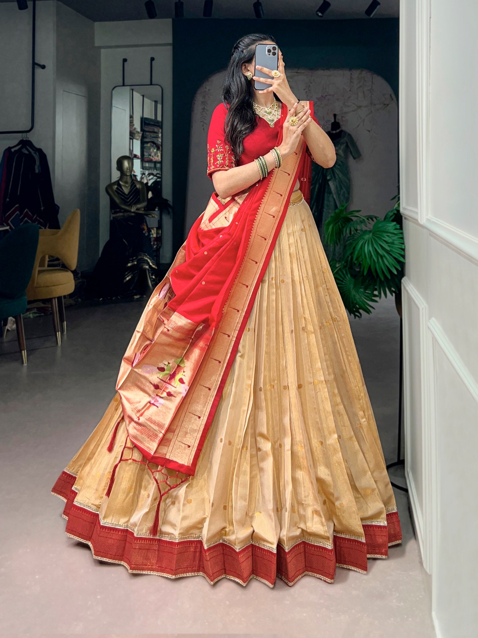 Red Pure Kanchipuram Silk With Zari Weaving Work Paithani Lehenga Choli