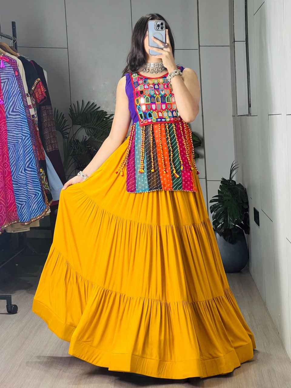 Mustard Pure Reyon Cotton Mustard Frilled Flairy Navratri Lehenga Choli