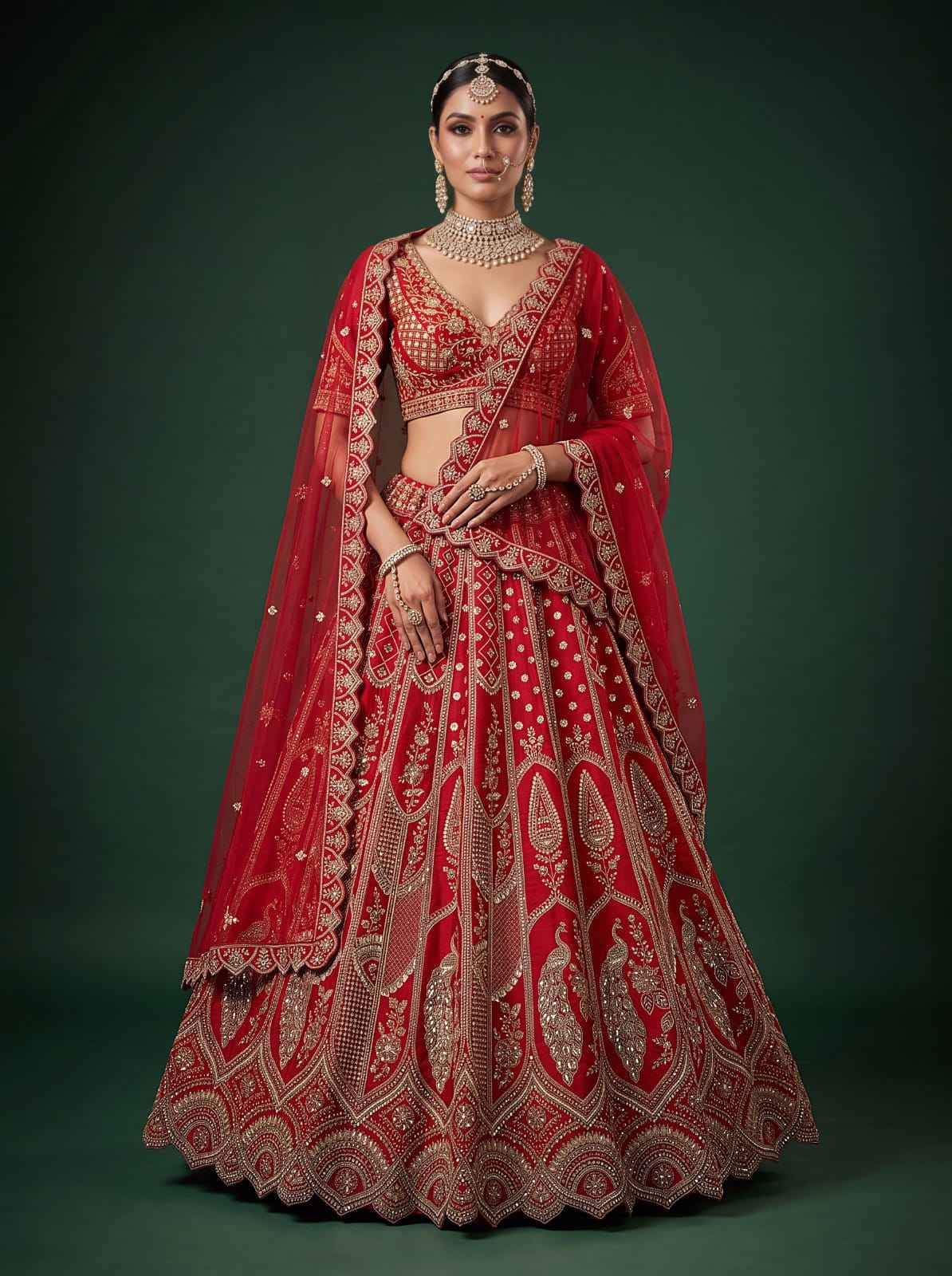 Red Pure Silk Tatamie Zari Dori Embroidery Metalic Sequins Hand Work Bridal Lehenga Choli