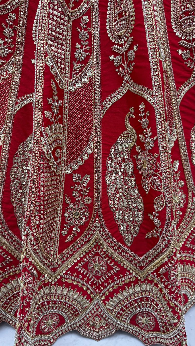 Red Pure Silk Tatamie Zari Dori Embroidery Metalic Sequins Hand Work Bridal Lehenga Choli
