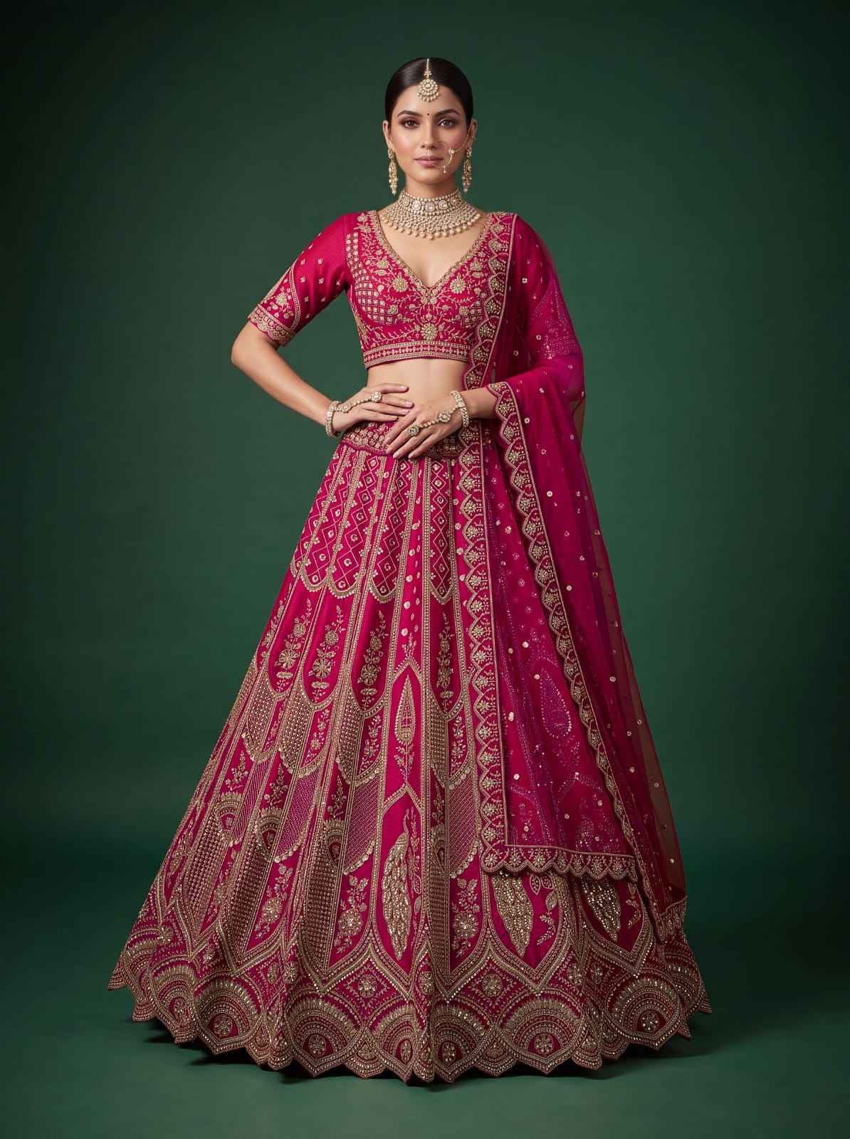 Rani Pure Silk Tatamie Zari Dori Embroidery Metalic Sequins Hand Work Bridal Lehenga Choli