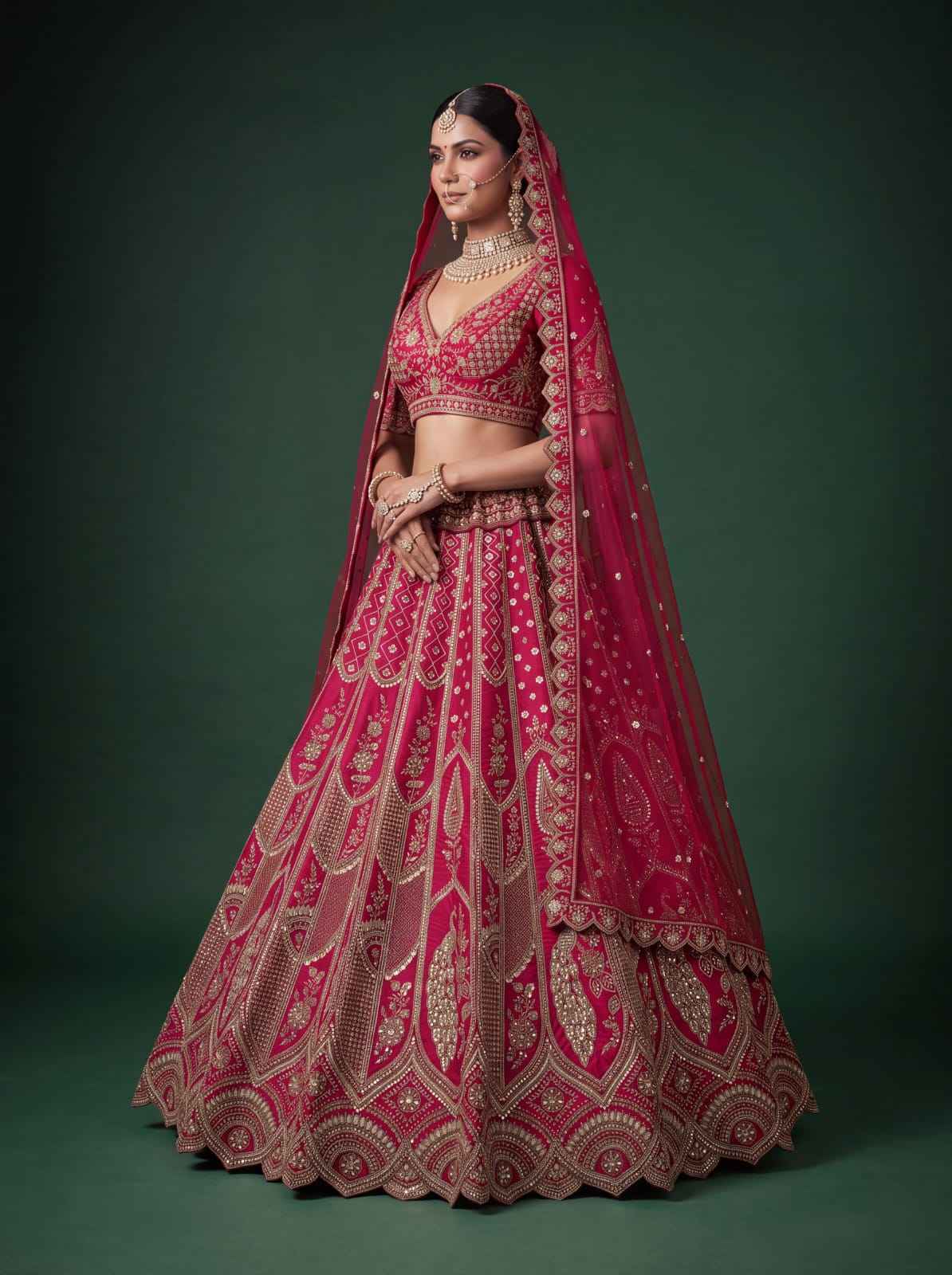 Rani Pure Silk Tatamie Zari Dori Embroidery Metalic Sequins Hand Work Bridal Lehenga Choli