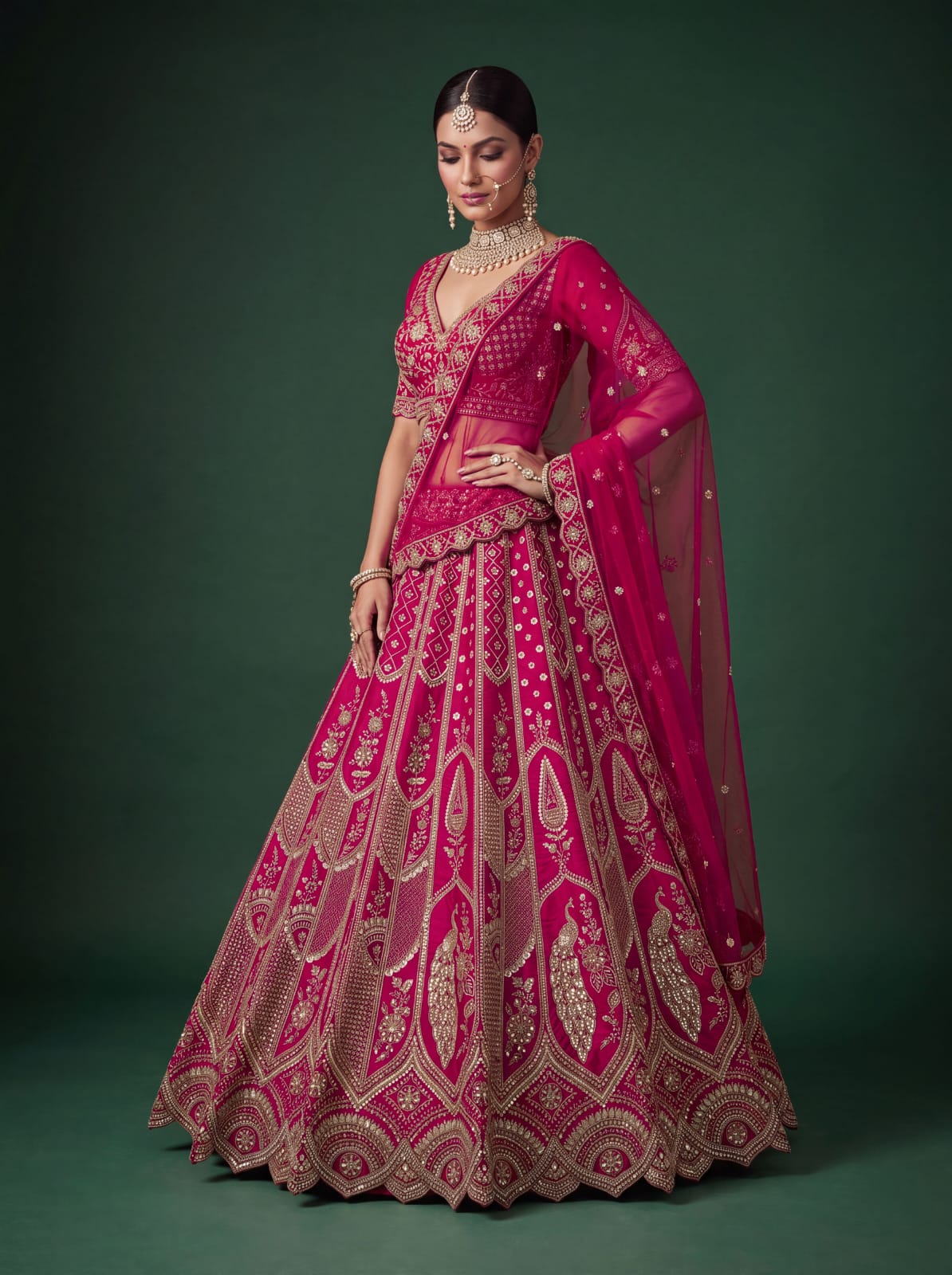 Rani Pure Silk Tatamie Zari Dori Embroidery Metalic Sequins Hand Work Bridal Lehenga Choli