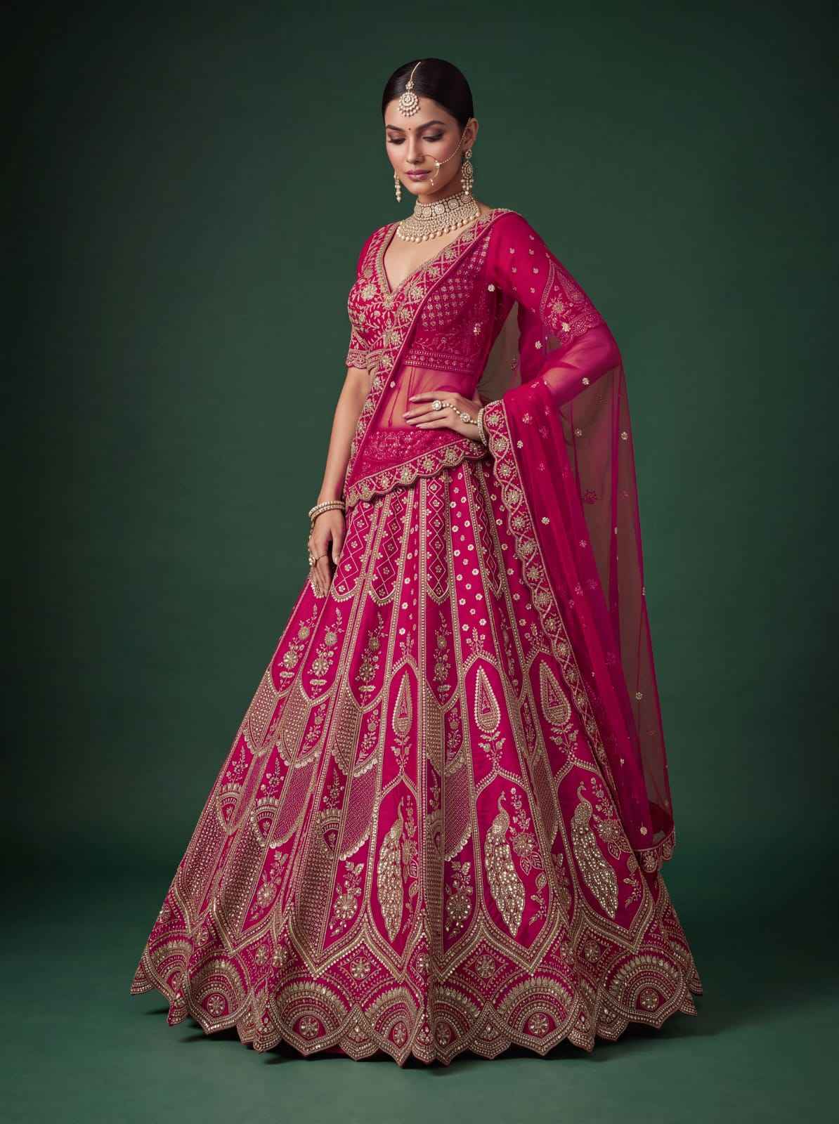 Rani Pure Silk Tatamie Zari Dori Embroidery Metalic Sequins Hand Work Bridal Lehenga Choli
