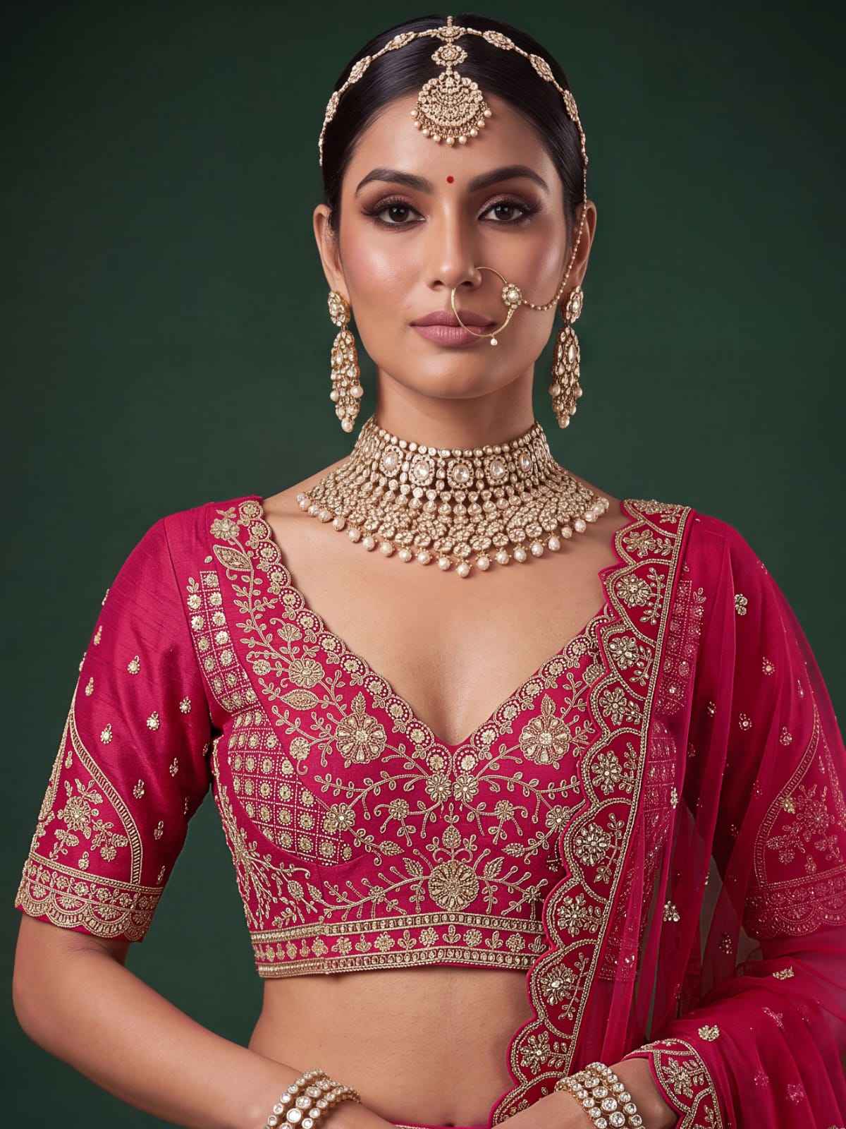 Rani Pure Silk Tatamie Zari Dori Embroidery Metalic Sequins Hand Work Bridal Lehenga Choli