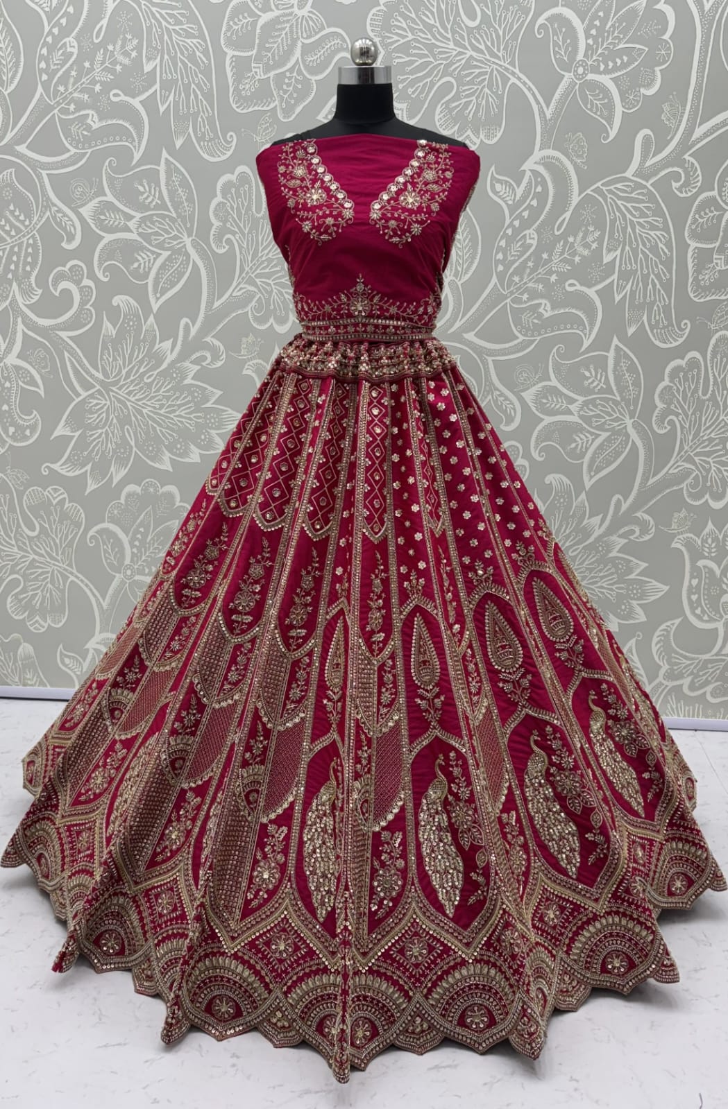 Rani Pure Silk Tatamie Zari Dori Embroidery Metalic Sequins Hand Work Bridal Lehenga Choli
