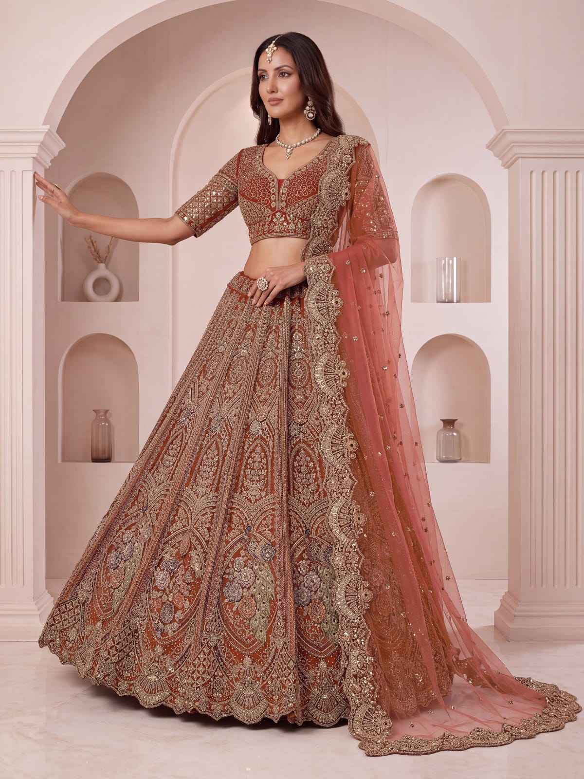 Peach Pure Heavy Net Peacock Pattern Multi Thread Sequins Work Net Bridal Lehenga Choli