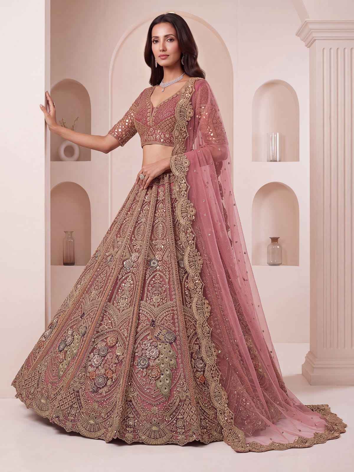 Pink Pure Heavy Net Peacock Pattern Multi Thread Sequins Work Net Bridal Lehenga Choli
