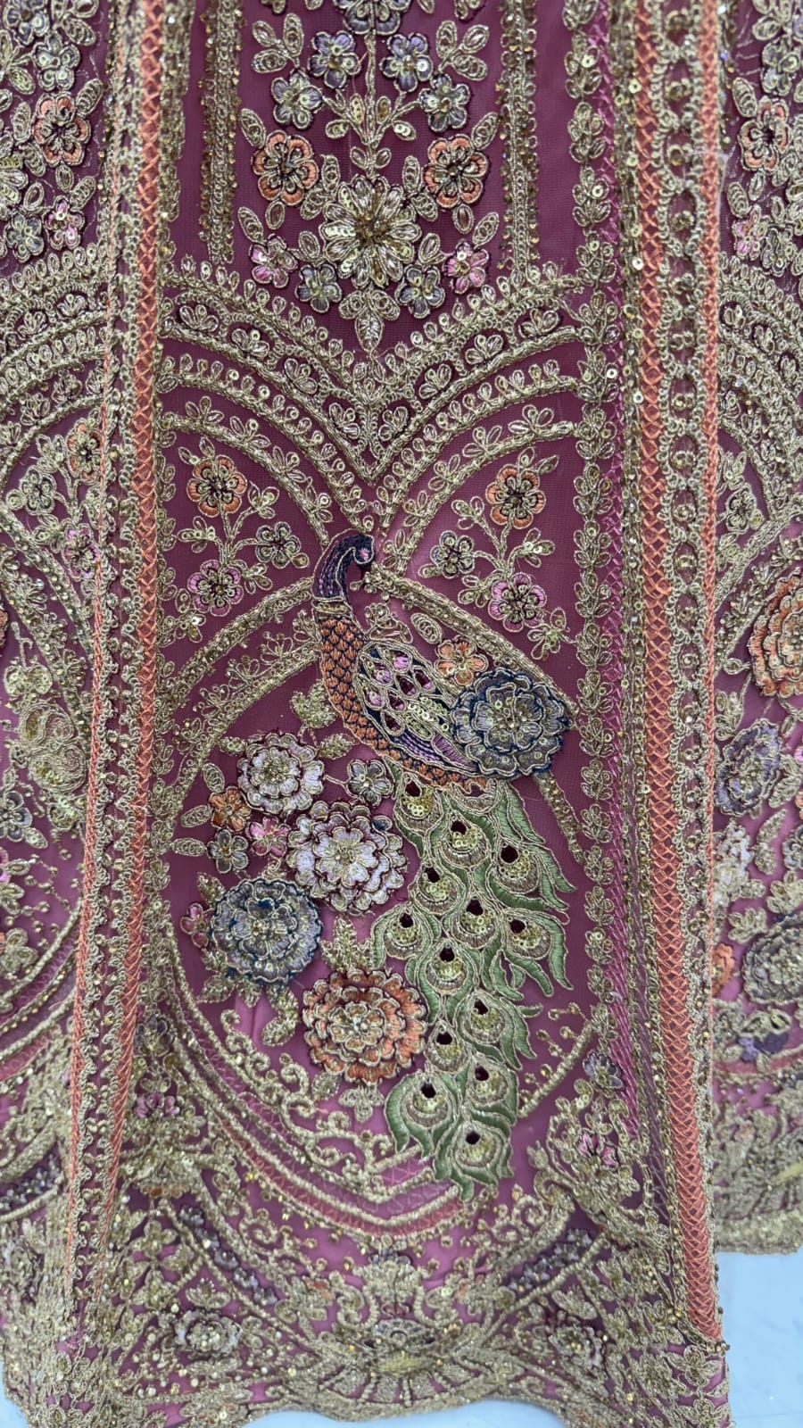 Pink Pure Heavy Net Peacock Pattern Multi Thread Sequins Work Net Bridal Lehenga Choli