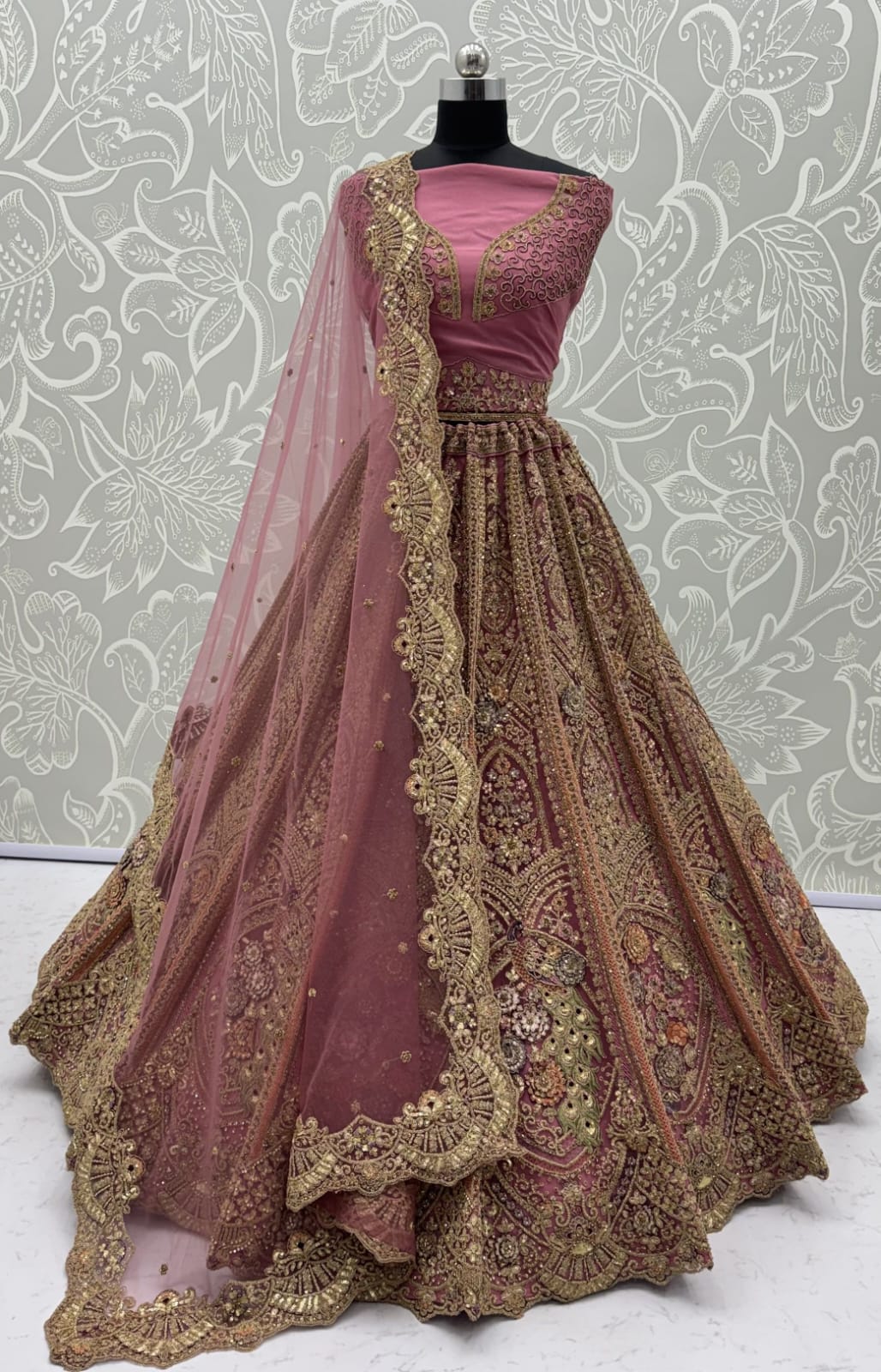 Pink Pure Heavy Net Peacock Pattern Multi Thread Sequins Work Net Bridal Lehenga Choli