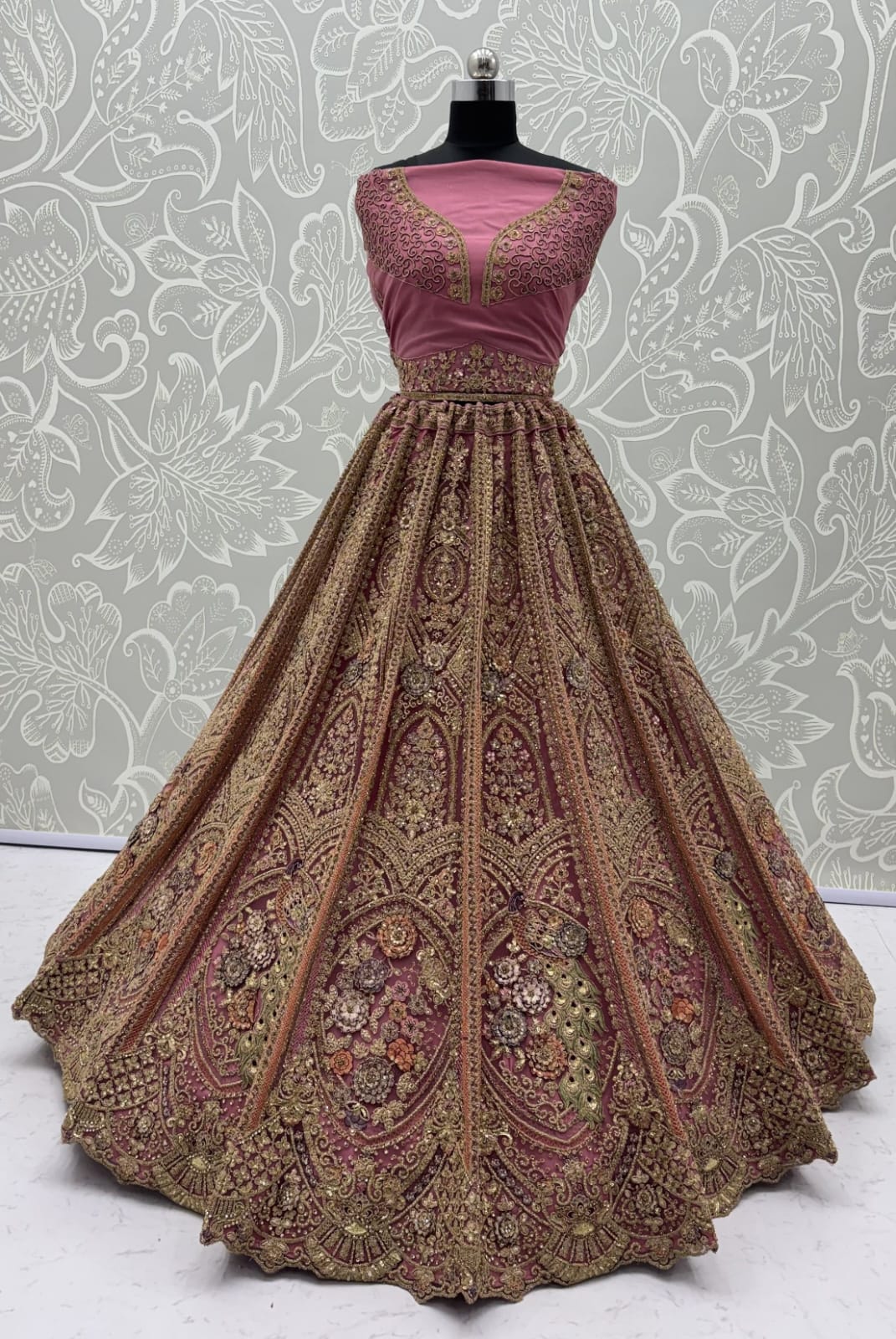 Pink Pure Heavy Net Peacock Pattern Multi Thread Sequins Work Net Bridal Lehenga Choli