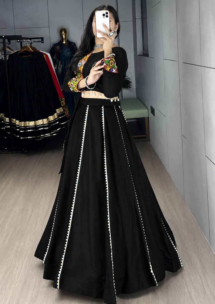 Black Pure Reyon Cotton Gamthi and Real Mirror Work Navratri Lehenga Choli