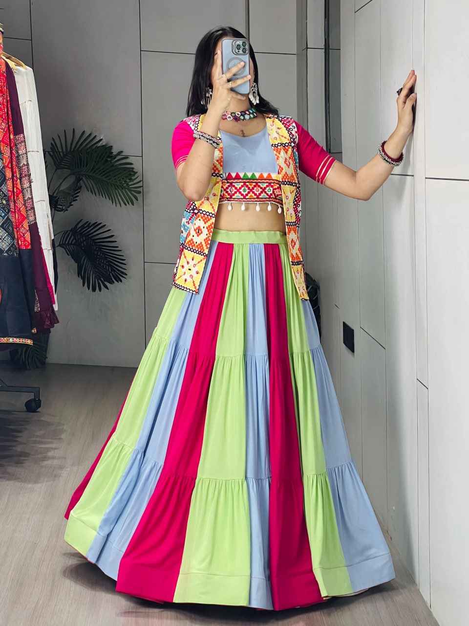 Multi Pure Reyon Cotton Multi Color Kali Frilled Navratri Lehenga Choli