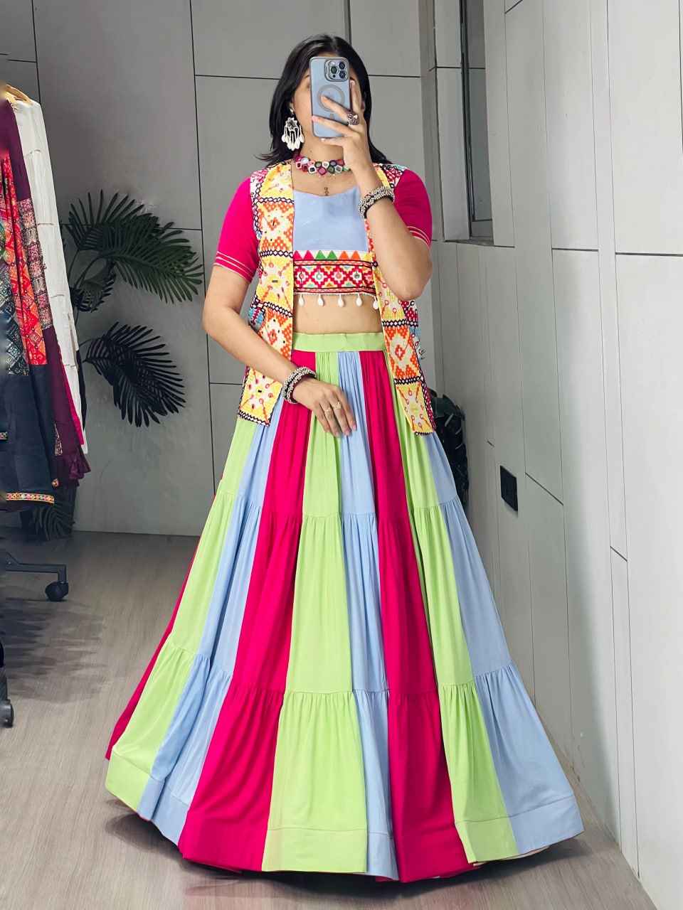 Multi Pure Reyon Cotton Multi Color Kali Frilled Navratri Lehenga Choli