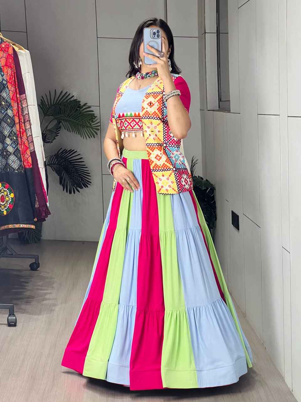Multi Pure Reyon Cotton Multi Color Kali Frilled Navratri Lehenga Choli