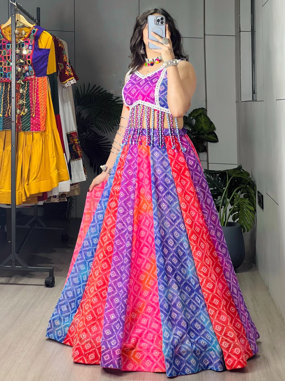 Multi Pure Reyon Cotton Multi Color Kali Frilled Navratri Lehenga Choli