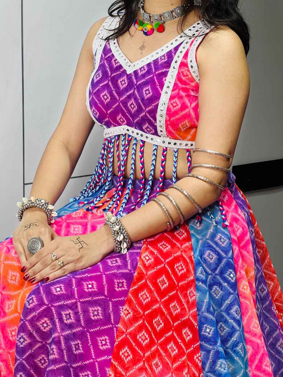 Multi Pure Reyon Cotton Multi Color Kali Frilled Navratri Lehenga Choli