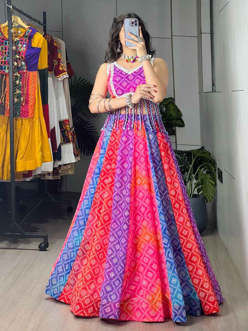 Multi Pure Reyon Cotton Multi Color Kali Frilled Navratri Lehenga Choli
