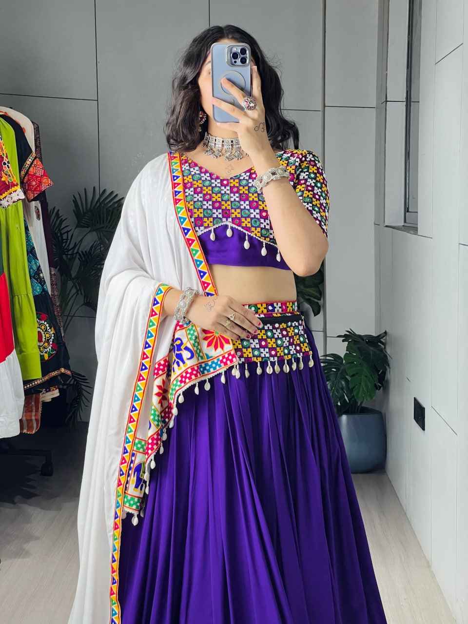 Purple Pure Reyon Cotton Gamthi & Mirror Work Navratri Lehenga Choli