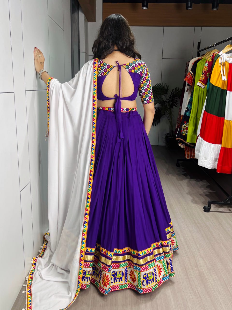 Purple Pure Reyon Cotton Gamthi & Mirror Work Navratri Lehenga Choli