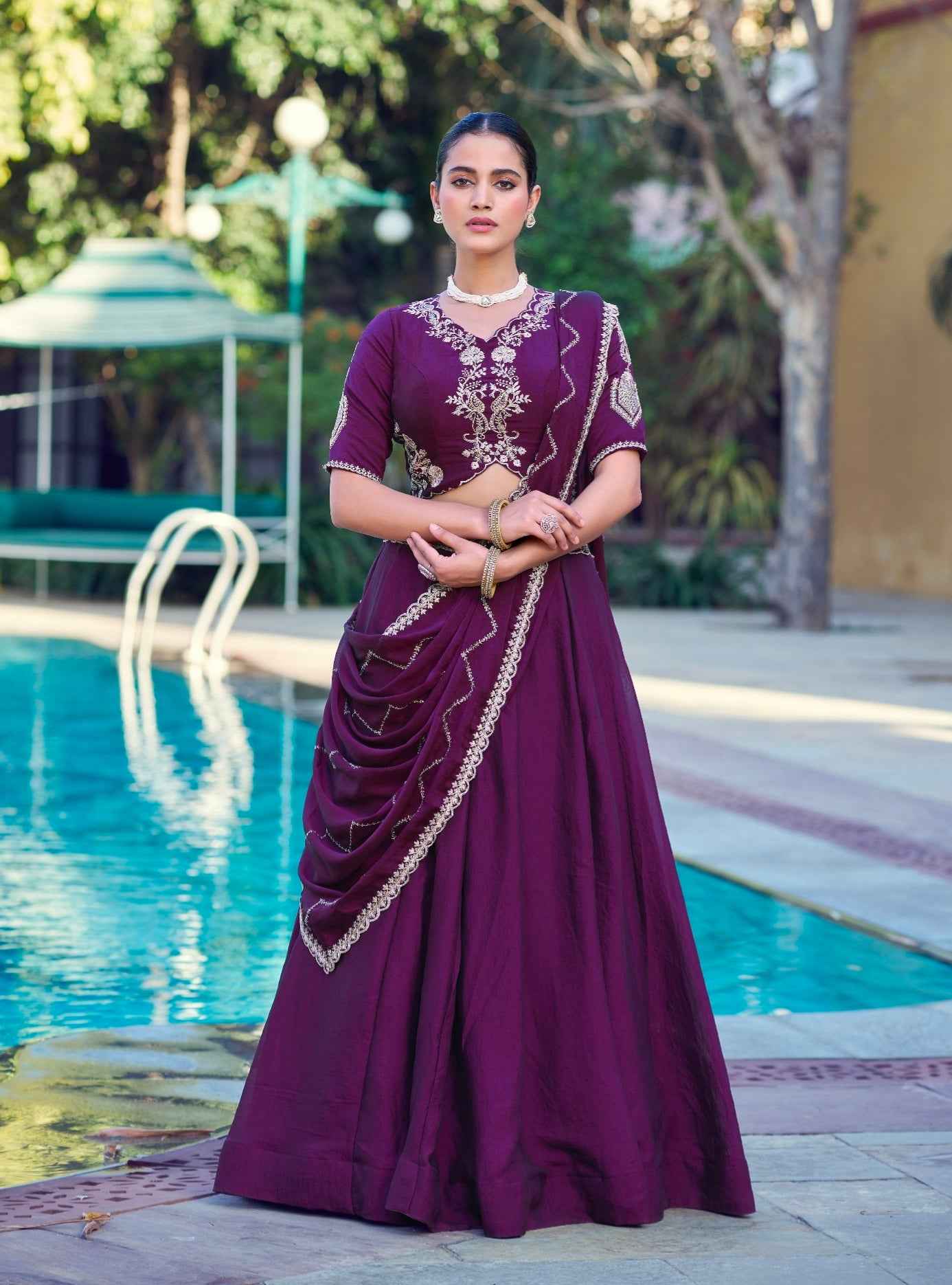 Purple Pure Soft Jacquard Silk Zari Woven Zari Lehenga Choli