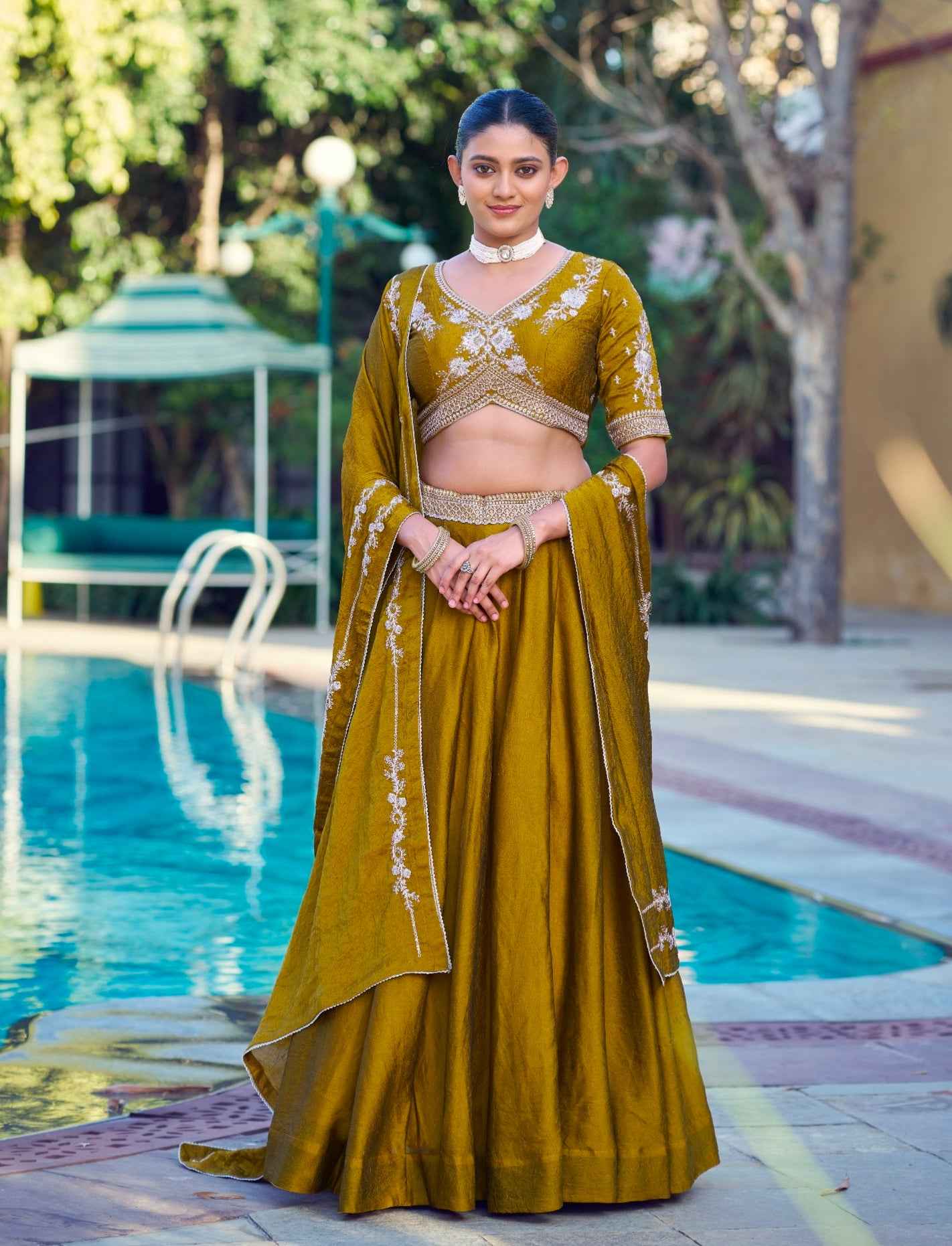 Mustard Pure Soft Jacquard Silk Zari Woven Zari Lehenga Choli