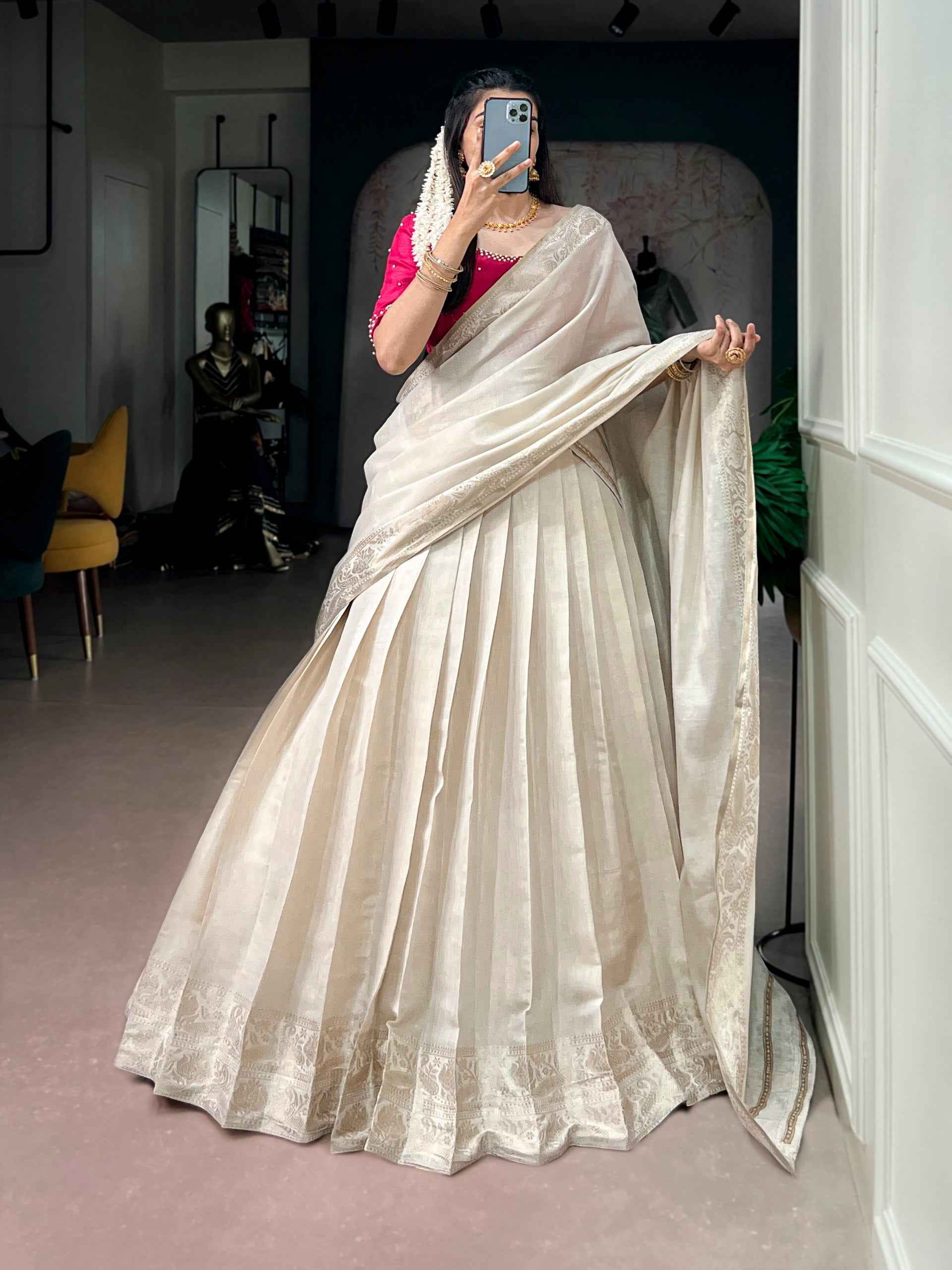 White Pure Kanchipuram Silk With Zari Weaving Work Paithani Lehenga Choli