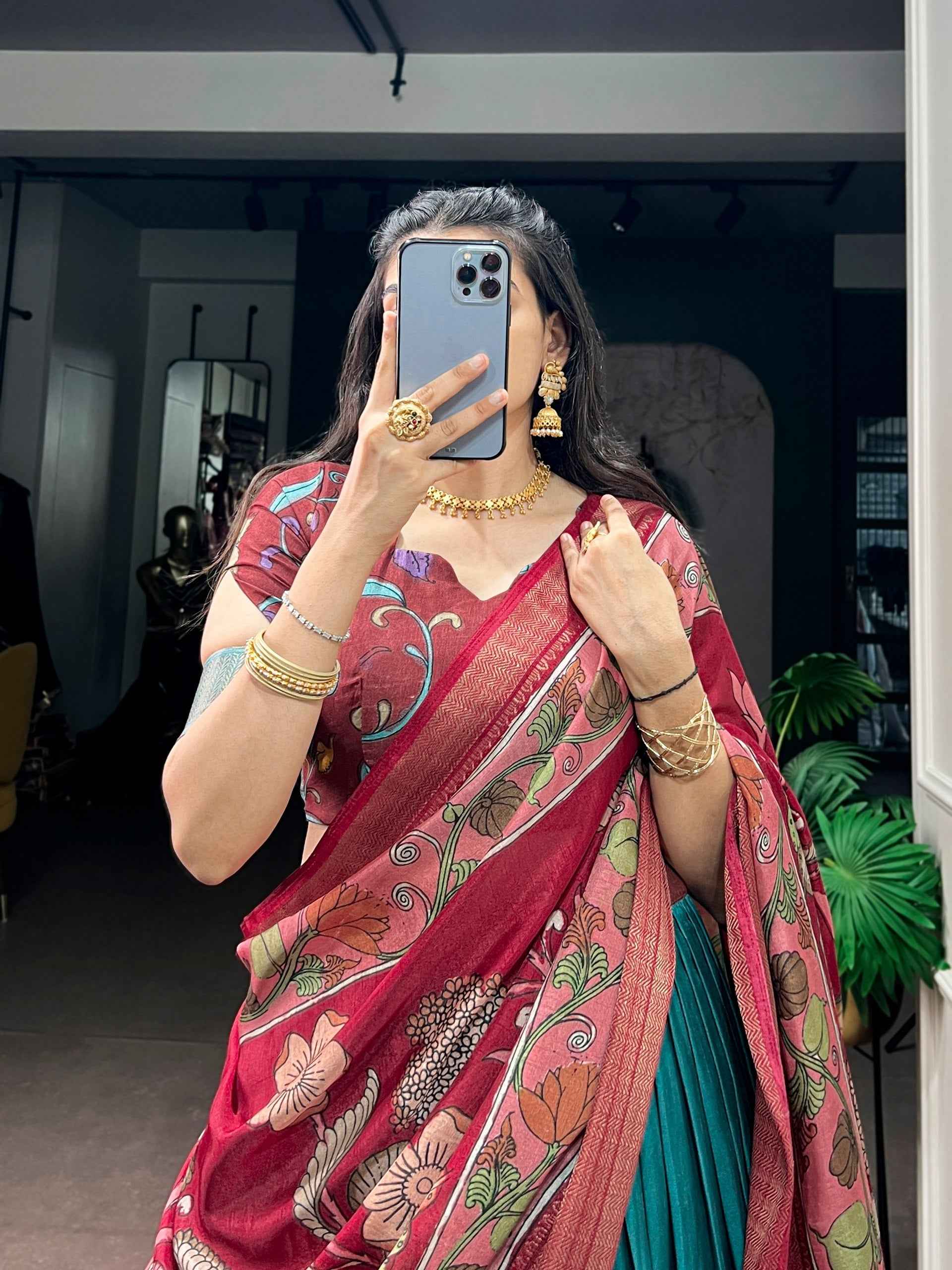 Rama Pure Dola Silk Kalamkari Printed Navratri Lehenga Choli