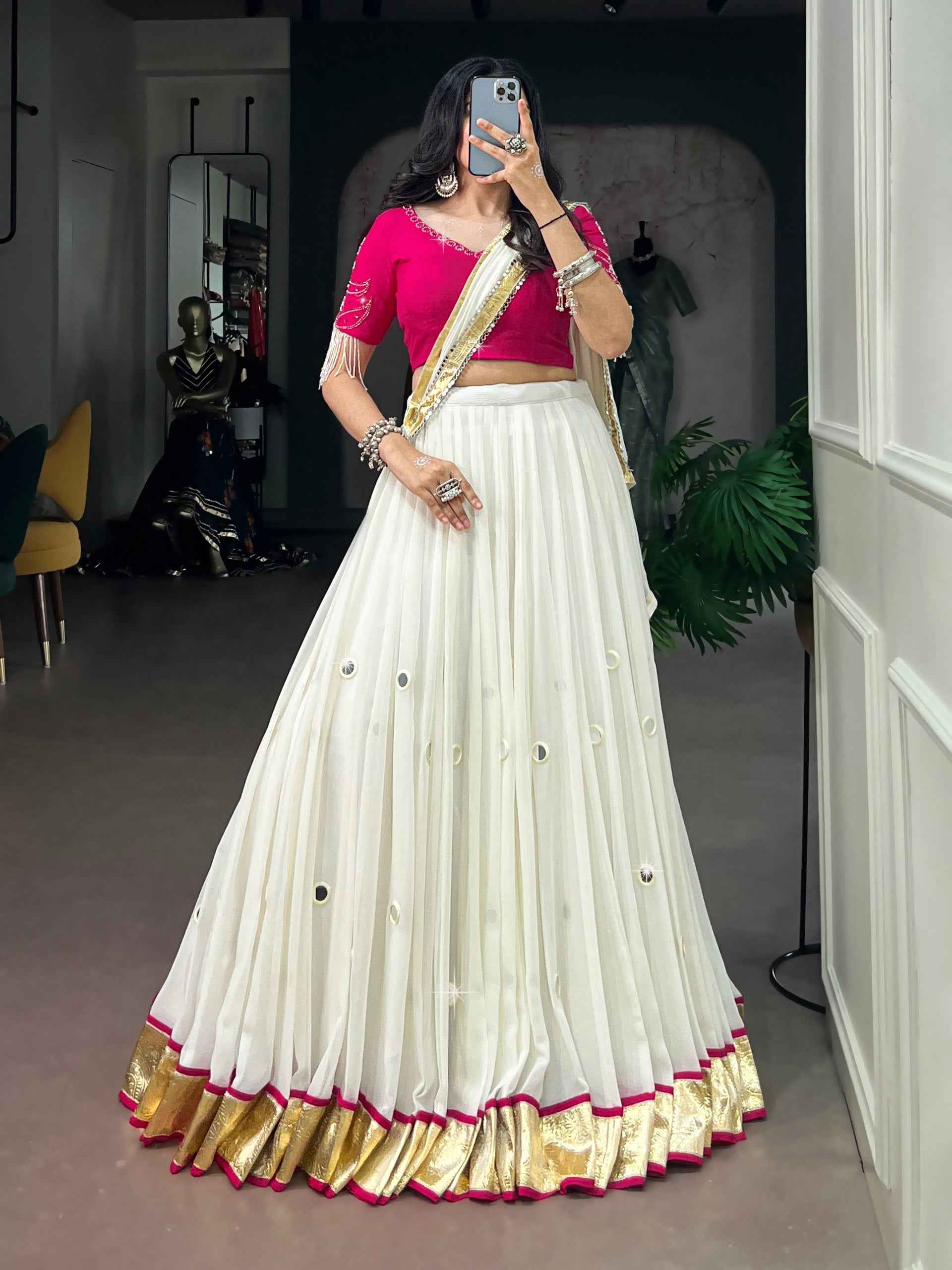 White Pure Lightweight Embossed Design & Real Mirror Navratri Lehenga Choli