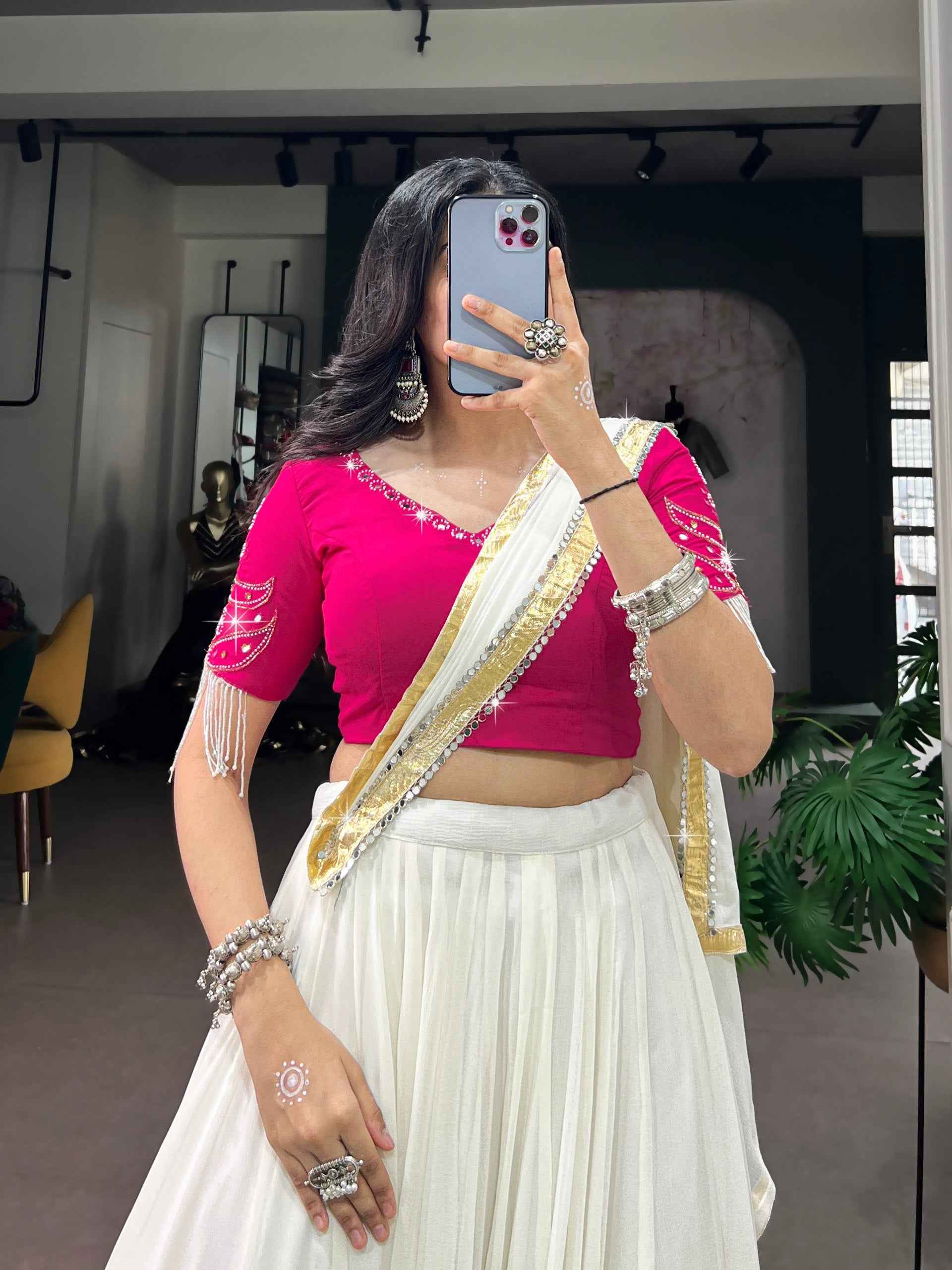 White Pure Lightweight Embossed Design & Real Mirror Navratri Lehenga Choli