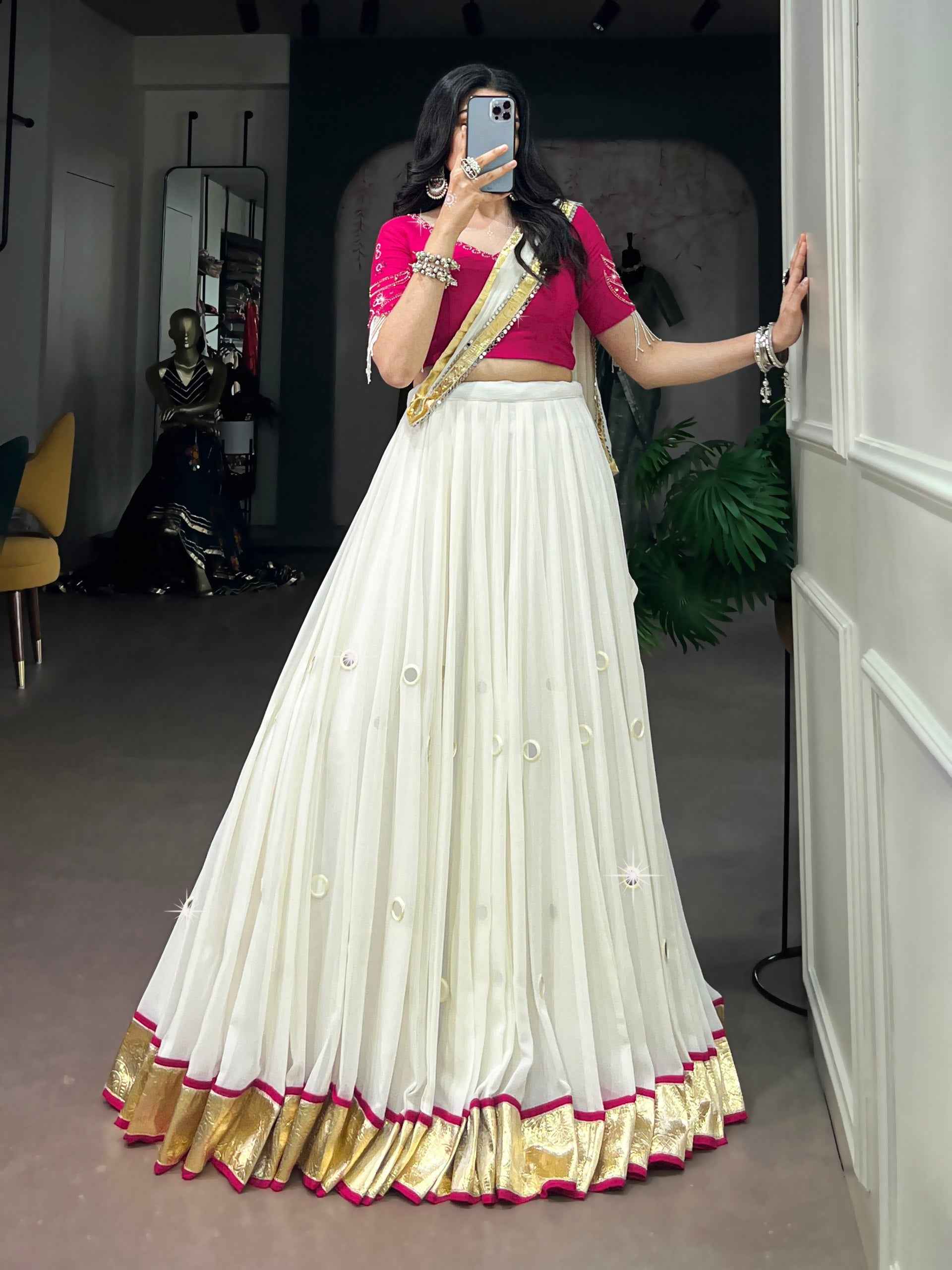 White Pure Lightweight Embossed Design & Real Mirror Navratri Lehenga Choli