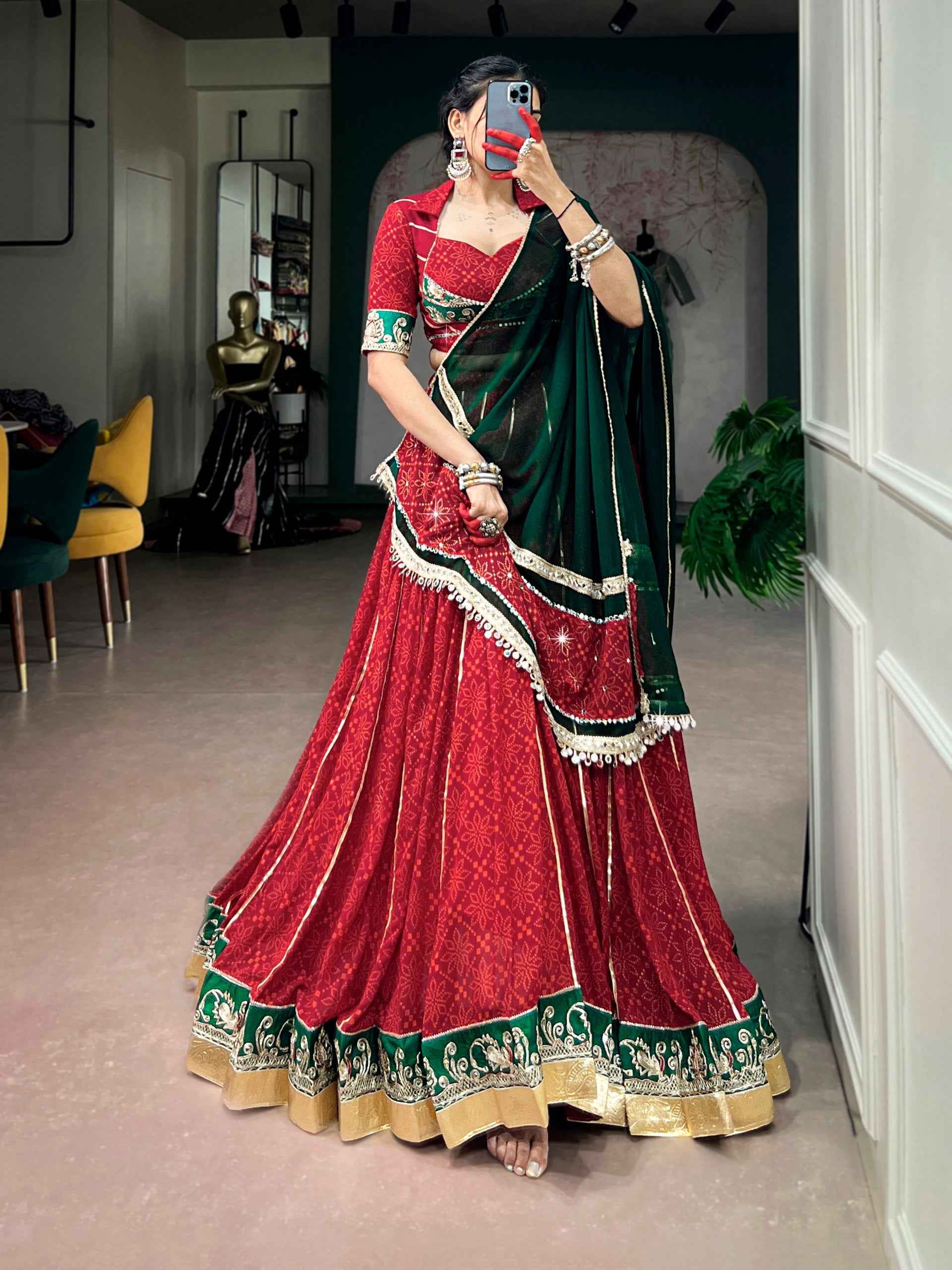 Red Pure Georgette Bandhej Foil Print Navratri Lehenga Choli